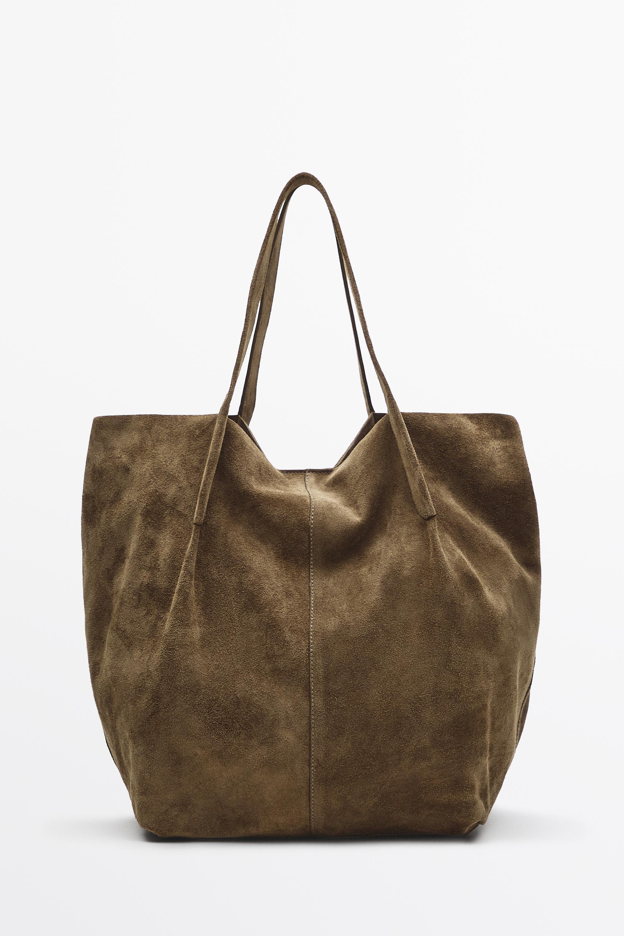 Split suede leather tote bag — SAND