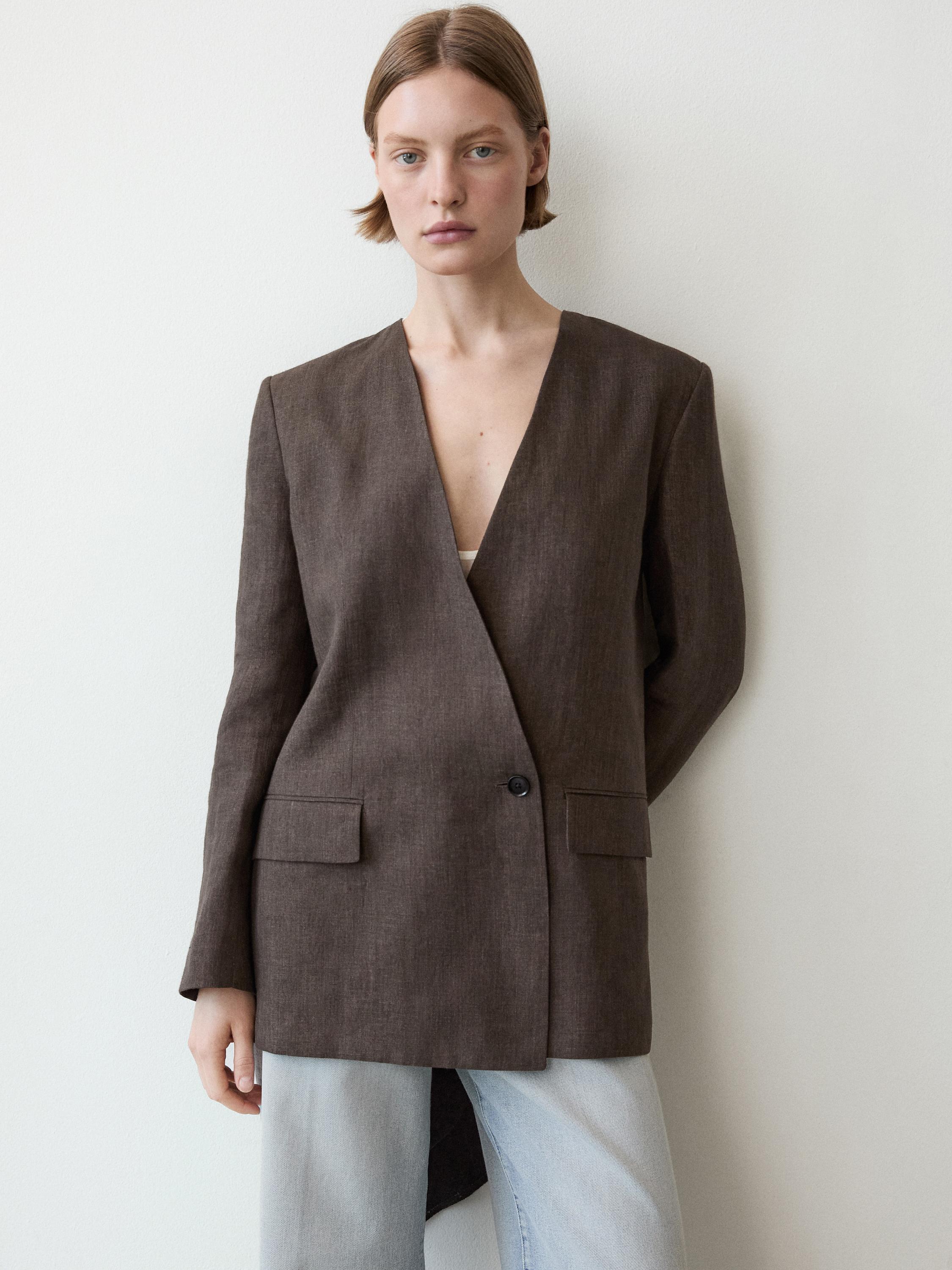 100% linen melange scarf blazer — MOLE BROWN