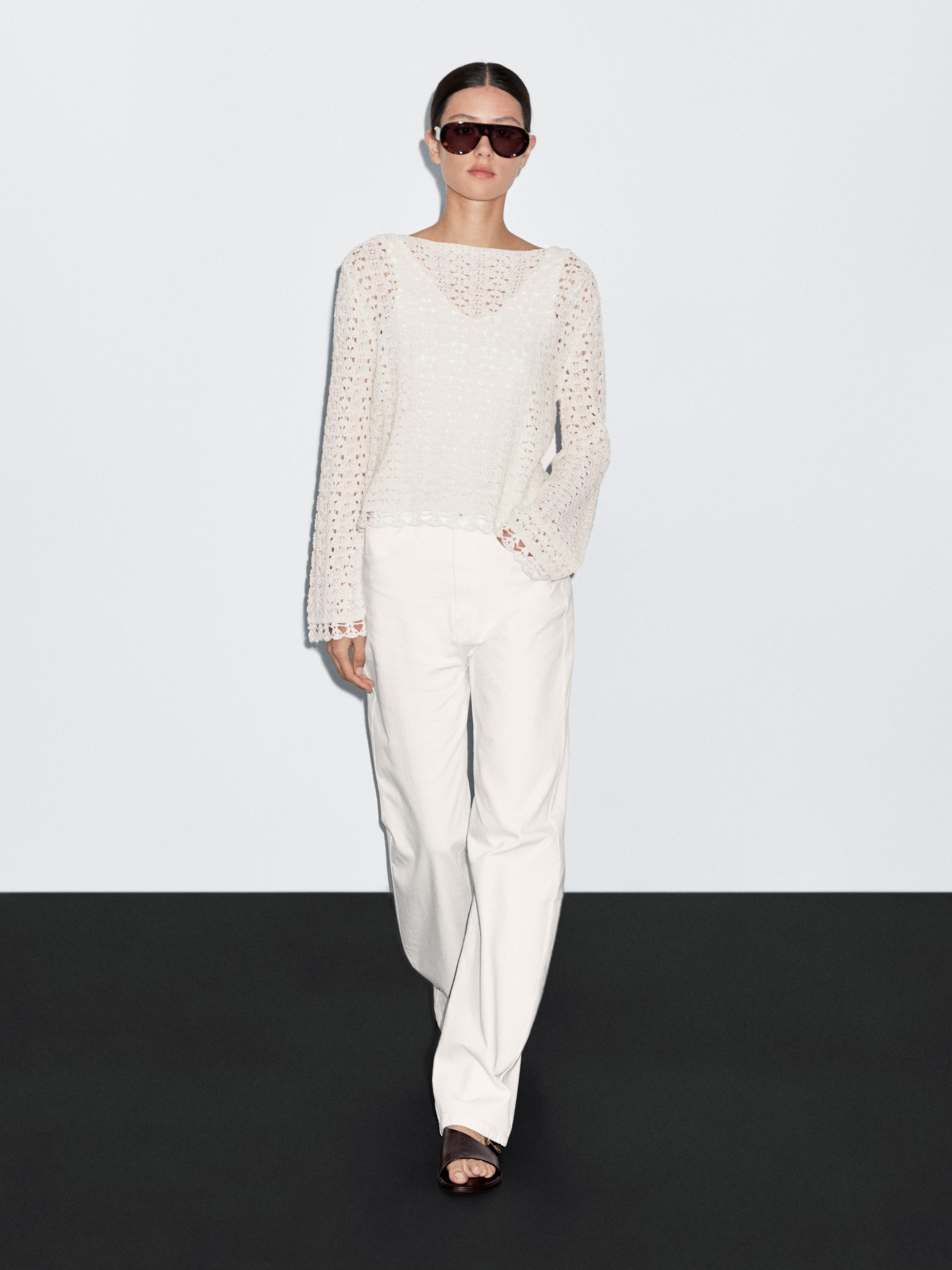 Cotton blend openwork crochet sweater