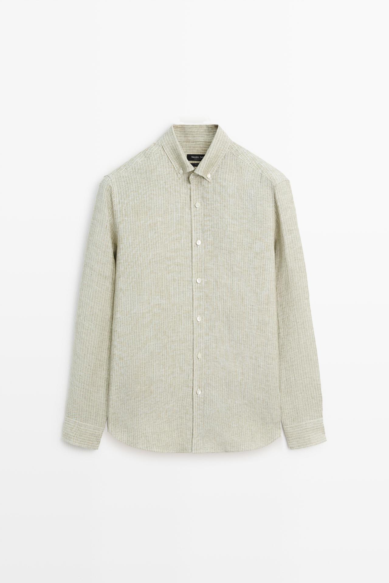 100% linen regular fit striped shirt — GREEN