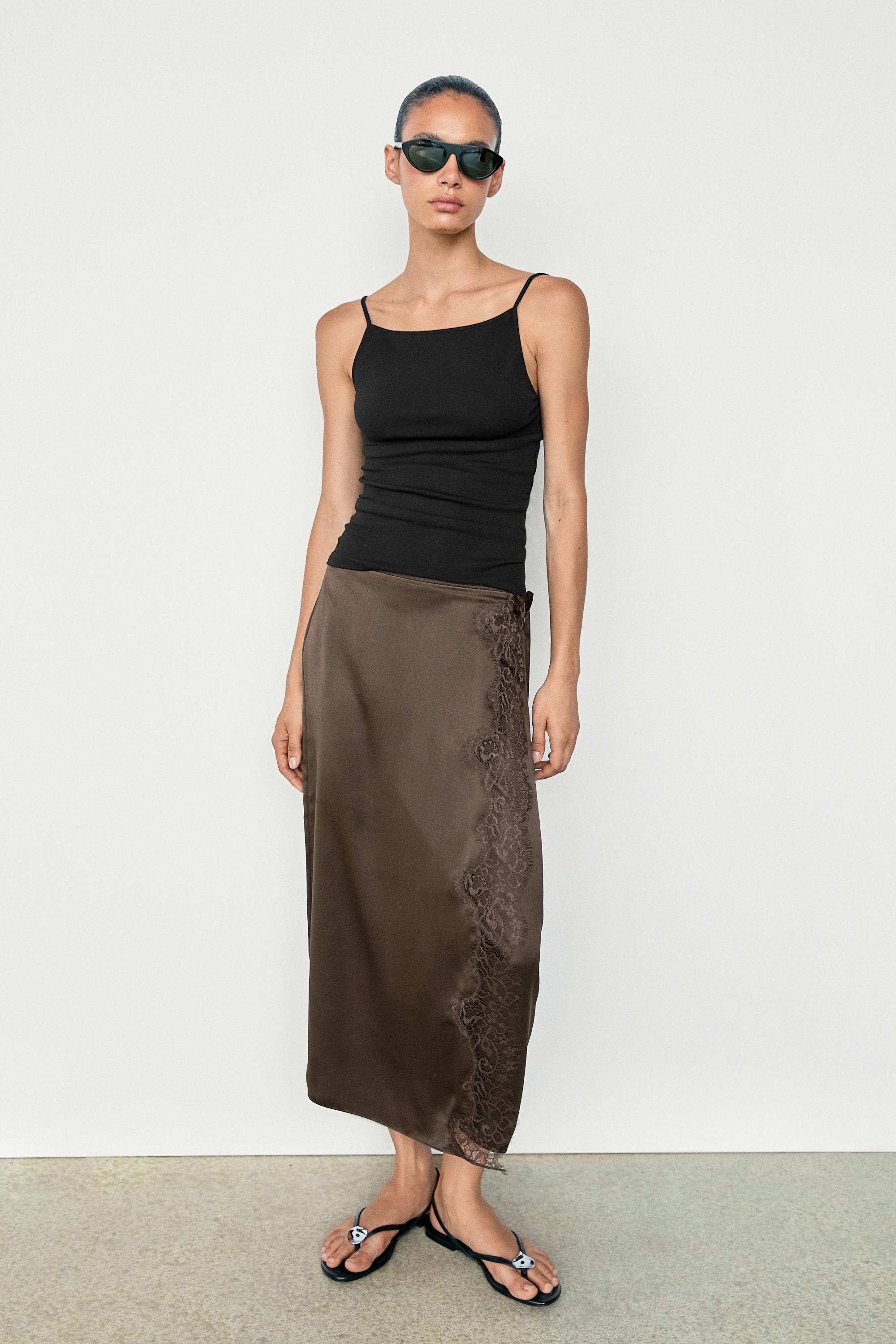100% silk lace-detail pareo skirt — Chocolate