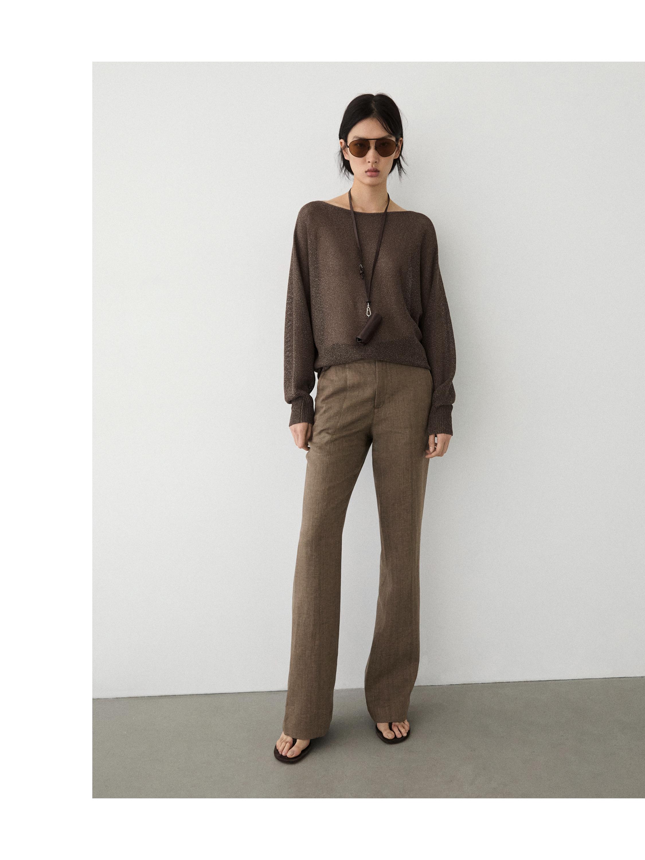 100% linen kick flare trousers — BROWN