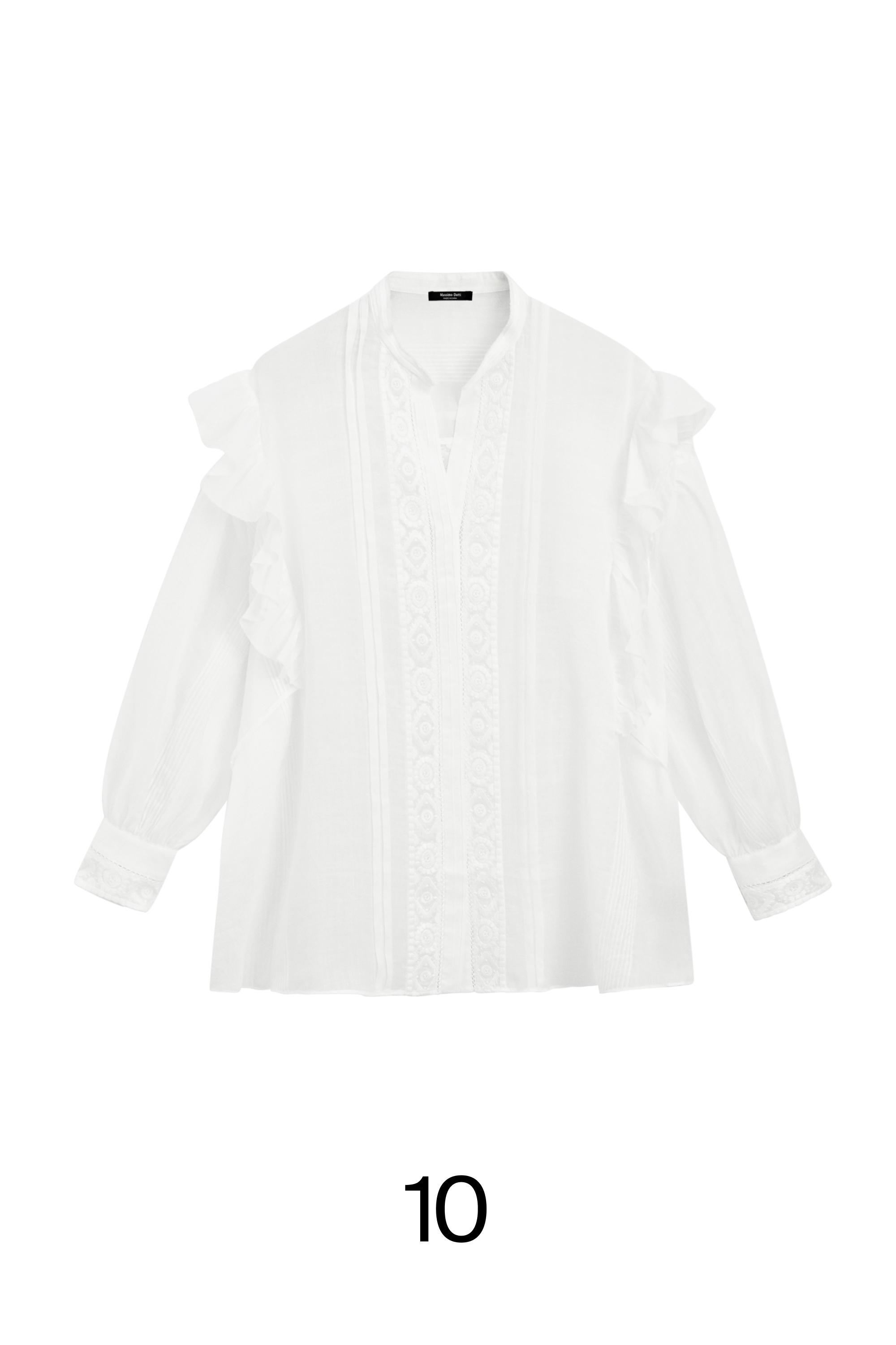 Stand collar blouse with embroidery and ruffles — WHITE