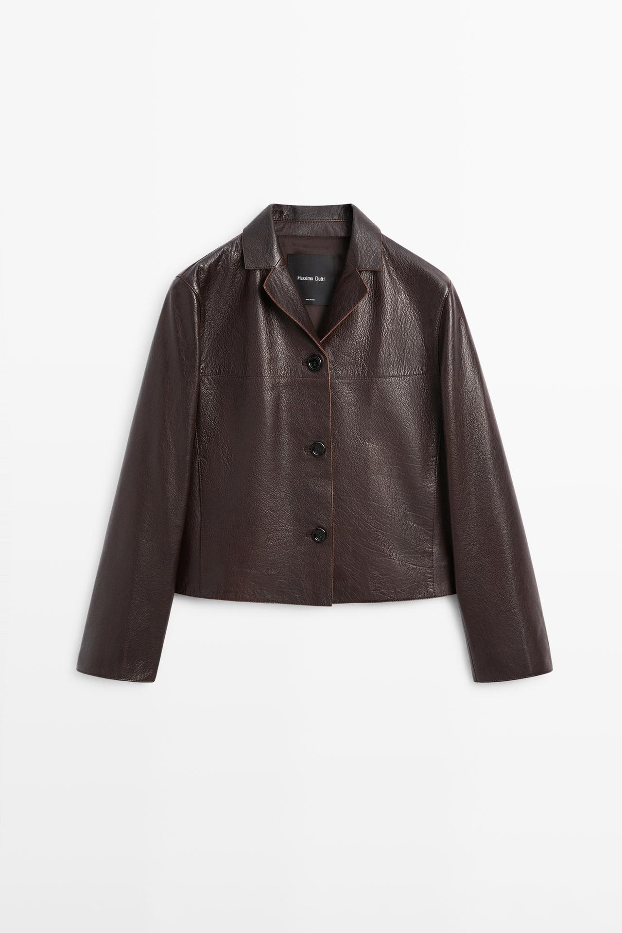Massimo Dutti - Dames - Cropped Nappaleren Jack - Bruin - S