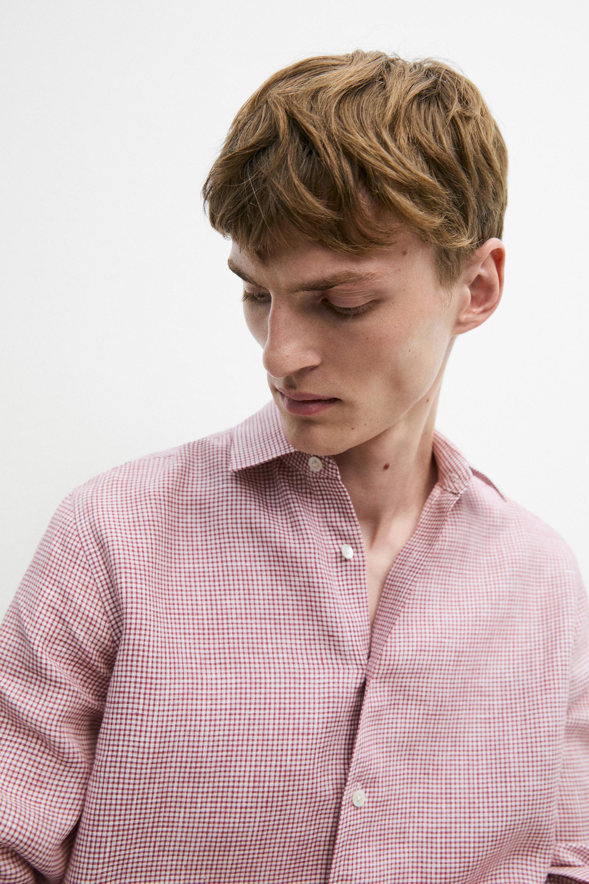 100% linen regular fit micro-checked shirt — BRIGHT RED