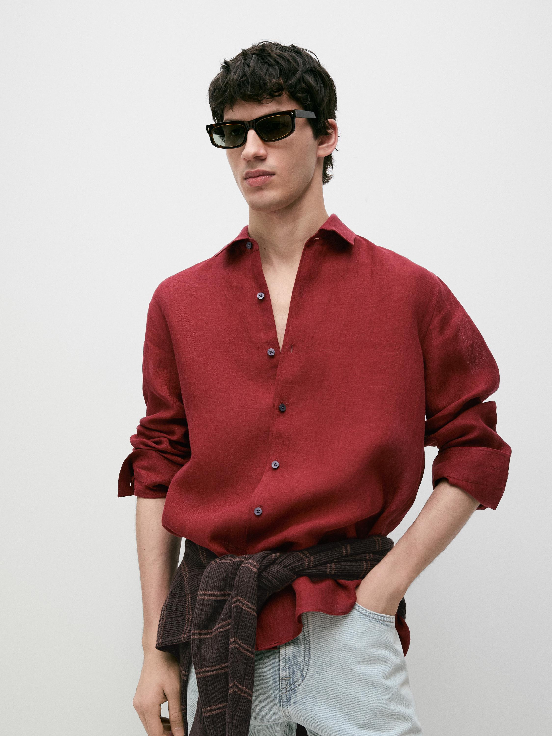 Textured 100% linen regular fit shirt — RED