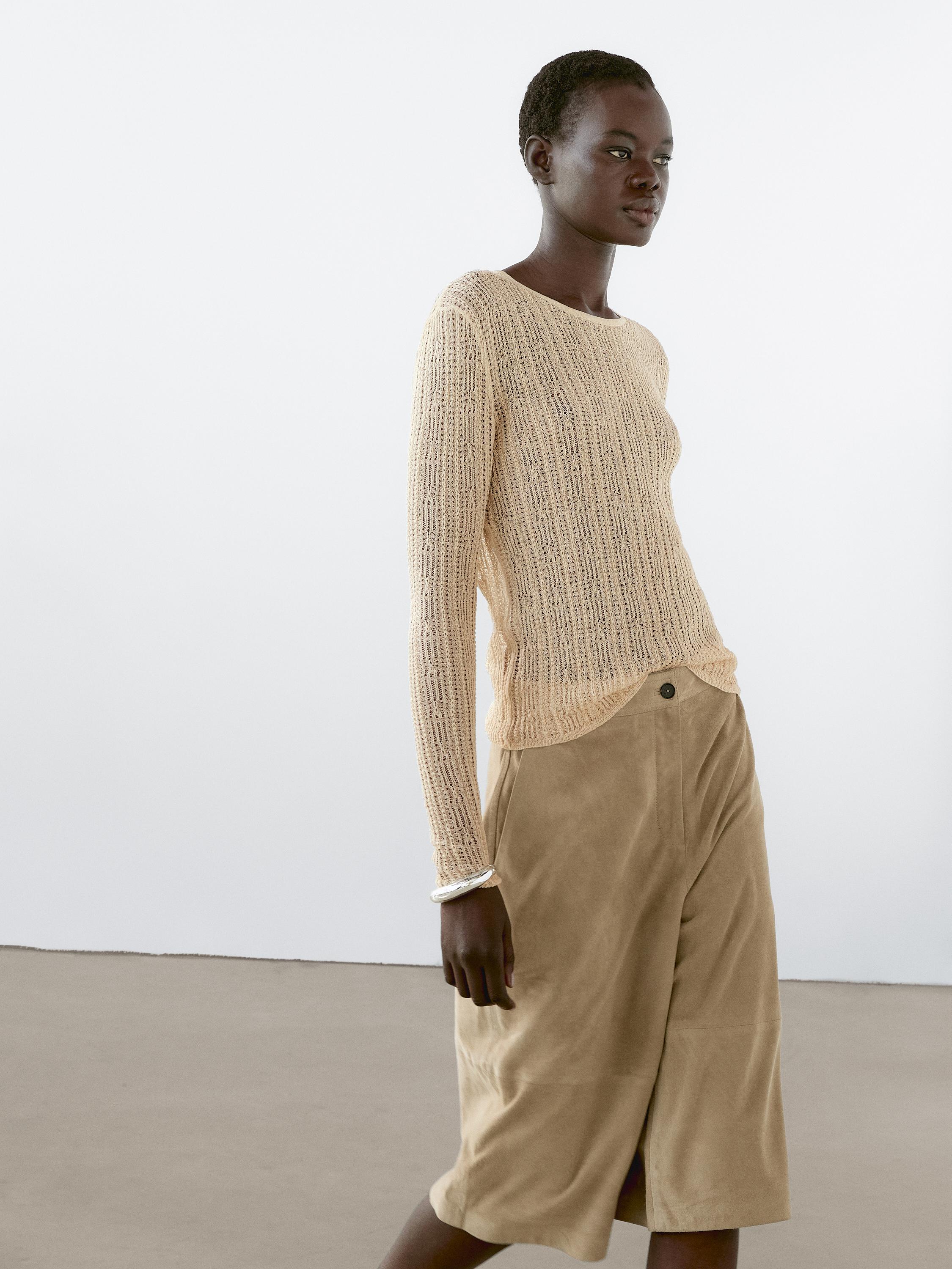 Long sleeve T-shirt with openwork fabric