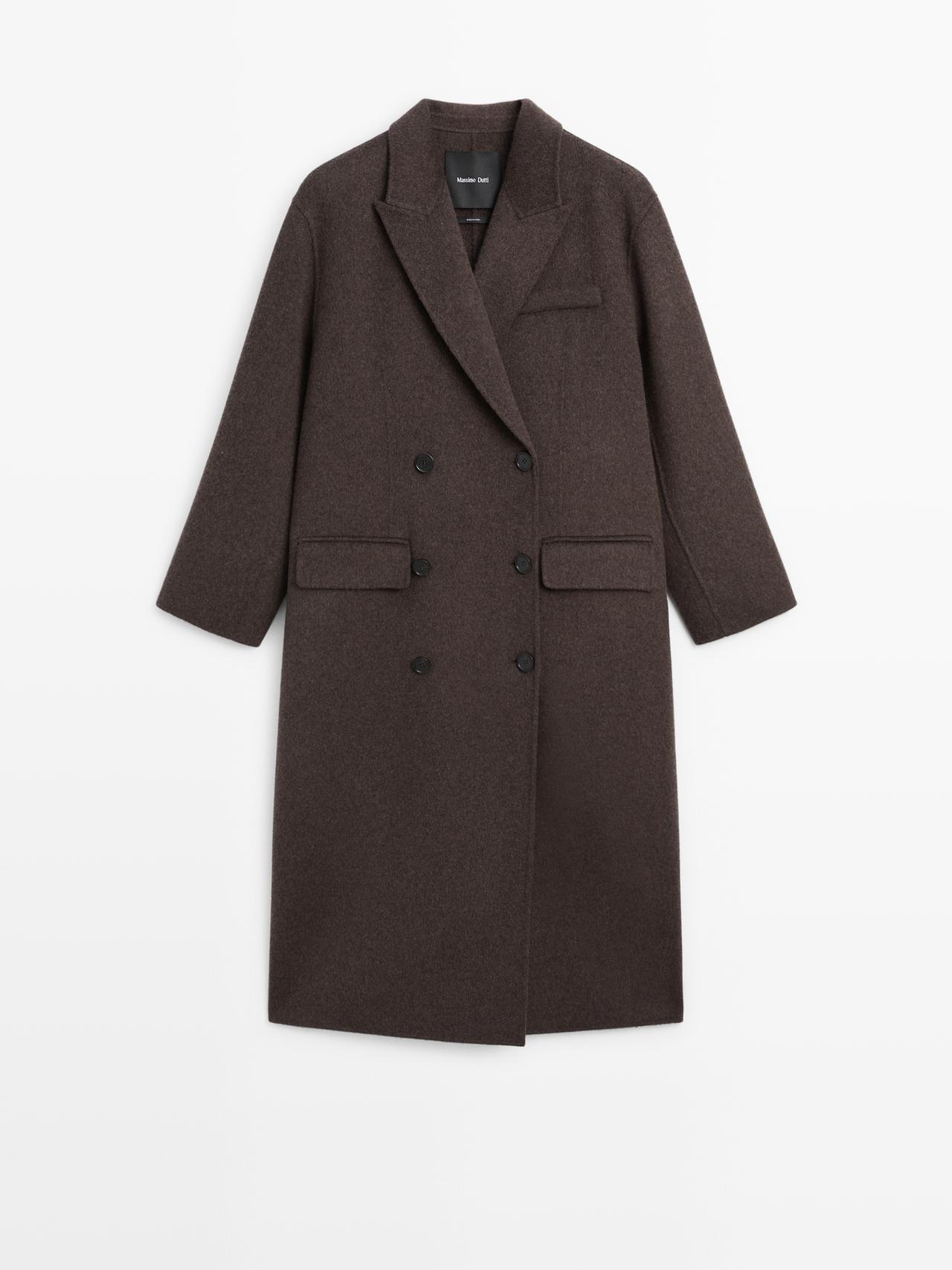 Massimo Dutti - Dames - Lange Jas Met Overslag Van Wolmix - Bruin - L