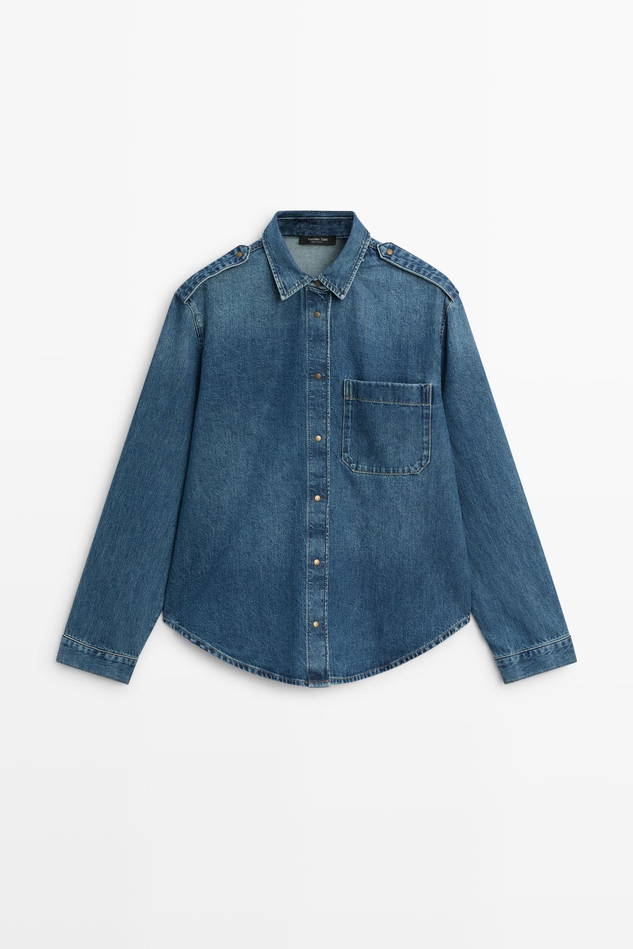 Denim shirt with shoulder tab detail — MEDIUM BLUE