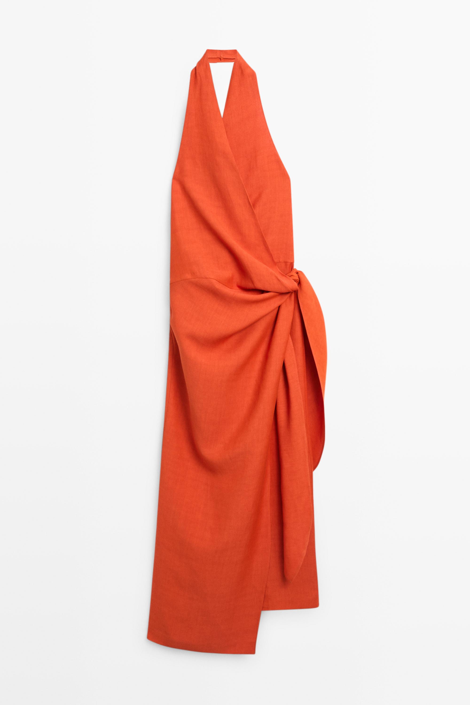 Draped midi dress with bow detail — COPPER