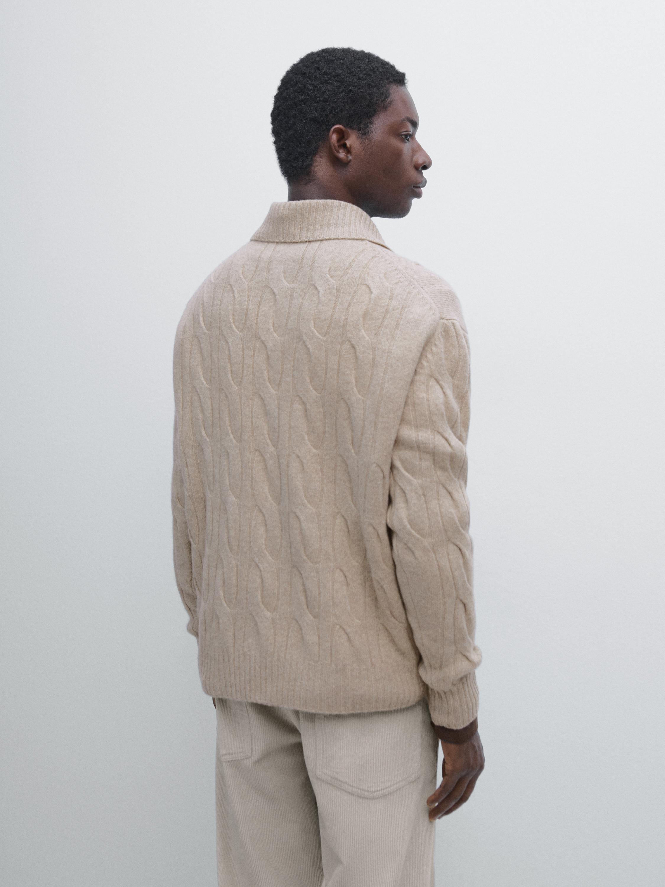 Wool cable-knit polo sweater — Sand
