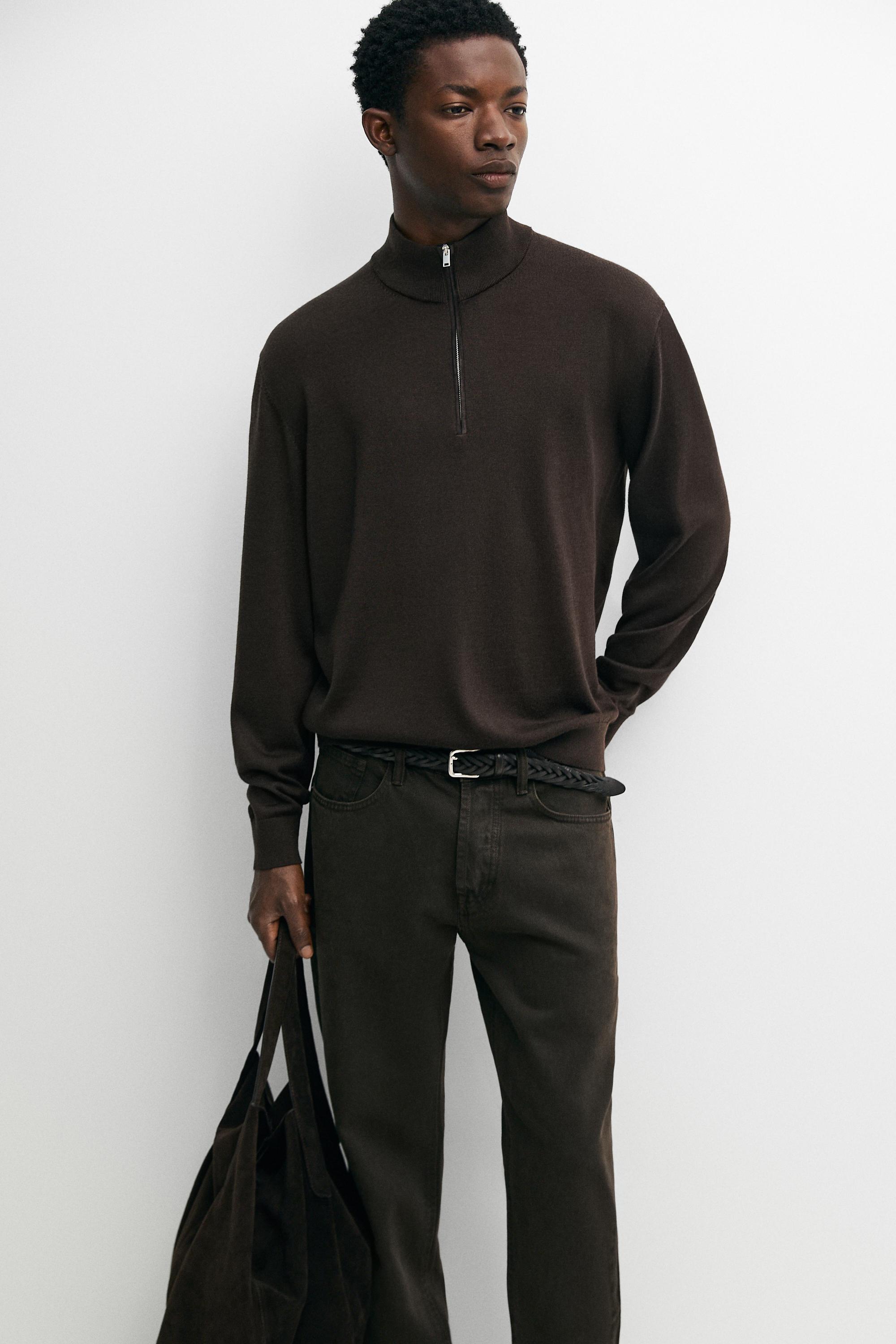 Merino wool blend mock neck knit sweater — BROWN
