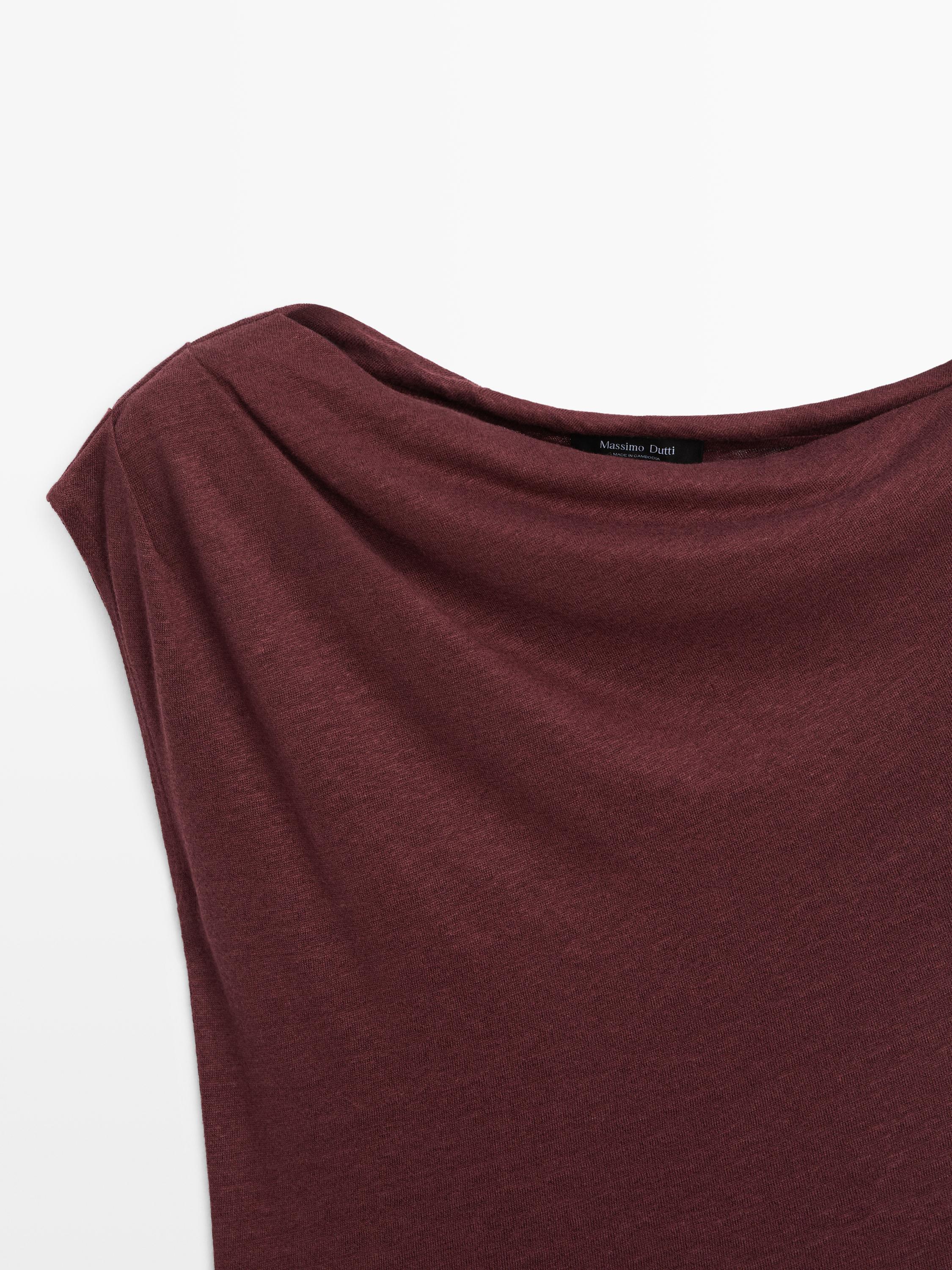 Asymmetric linen blend top with draped detail — BURGUNDY
