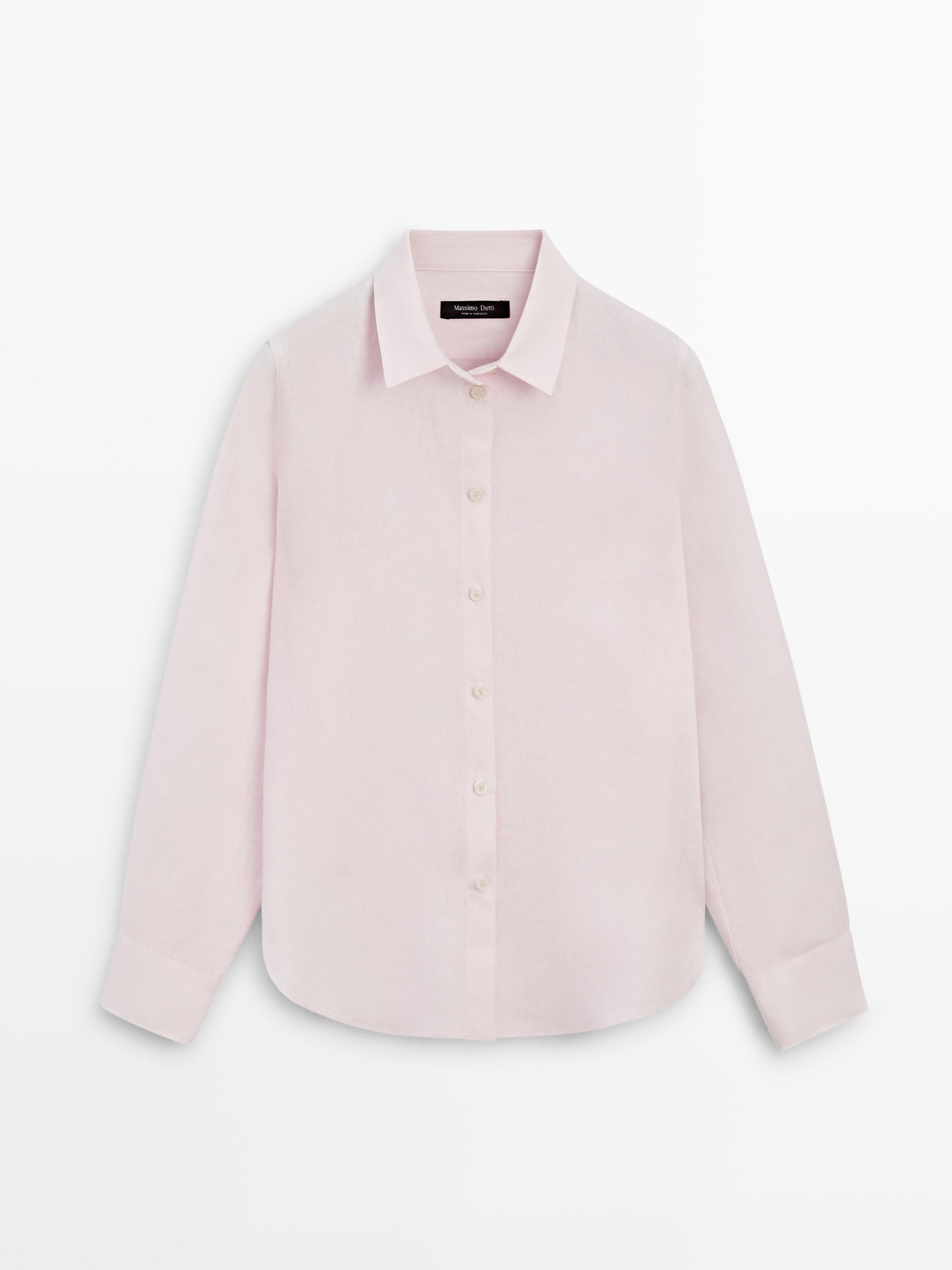 Front view of a flowing pink shirt with a classic collar and central button placket. Long sleeves with cuffs.