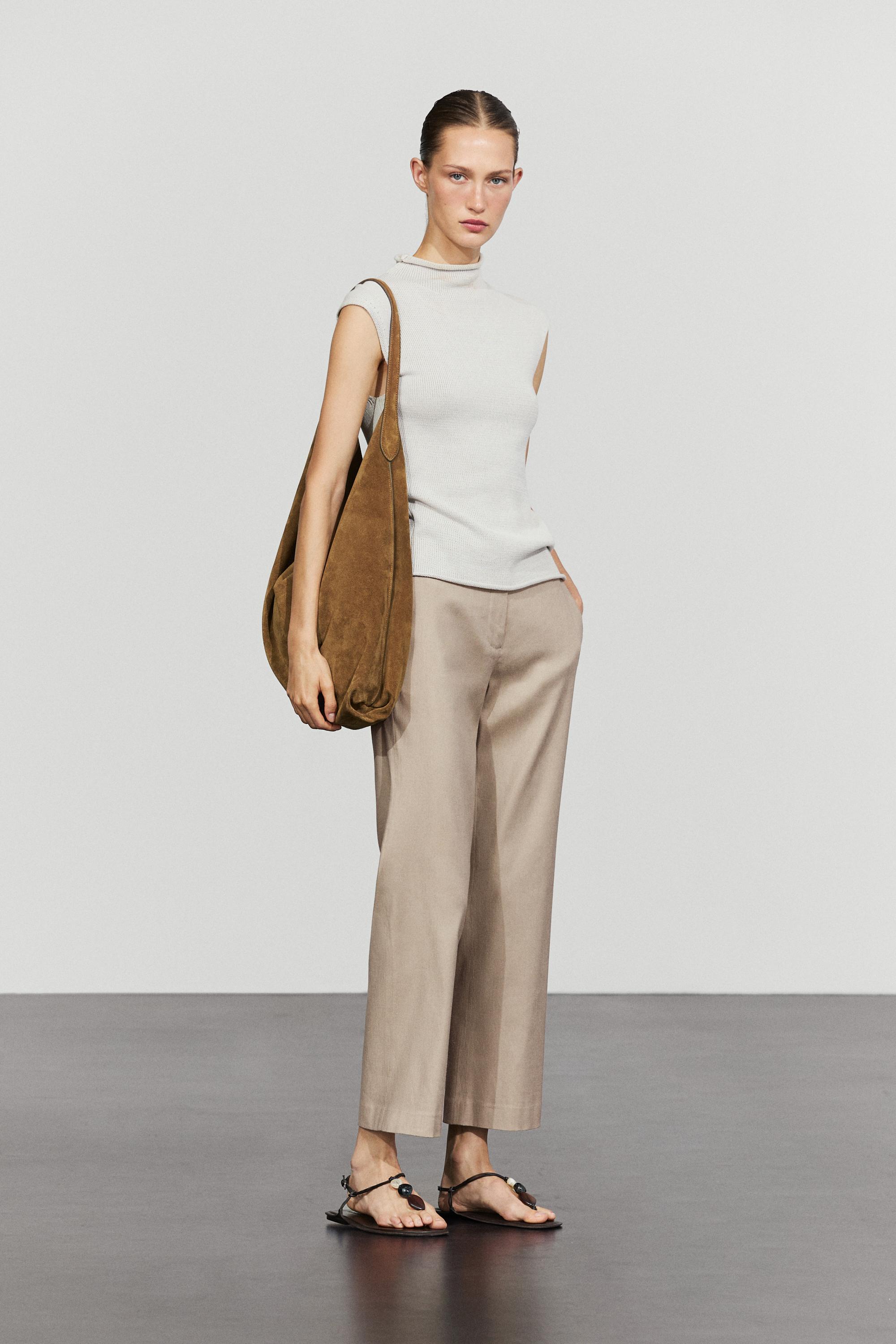 Straight-leg linen blend trousers — BEIGE