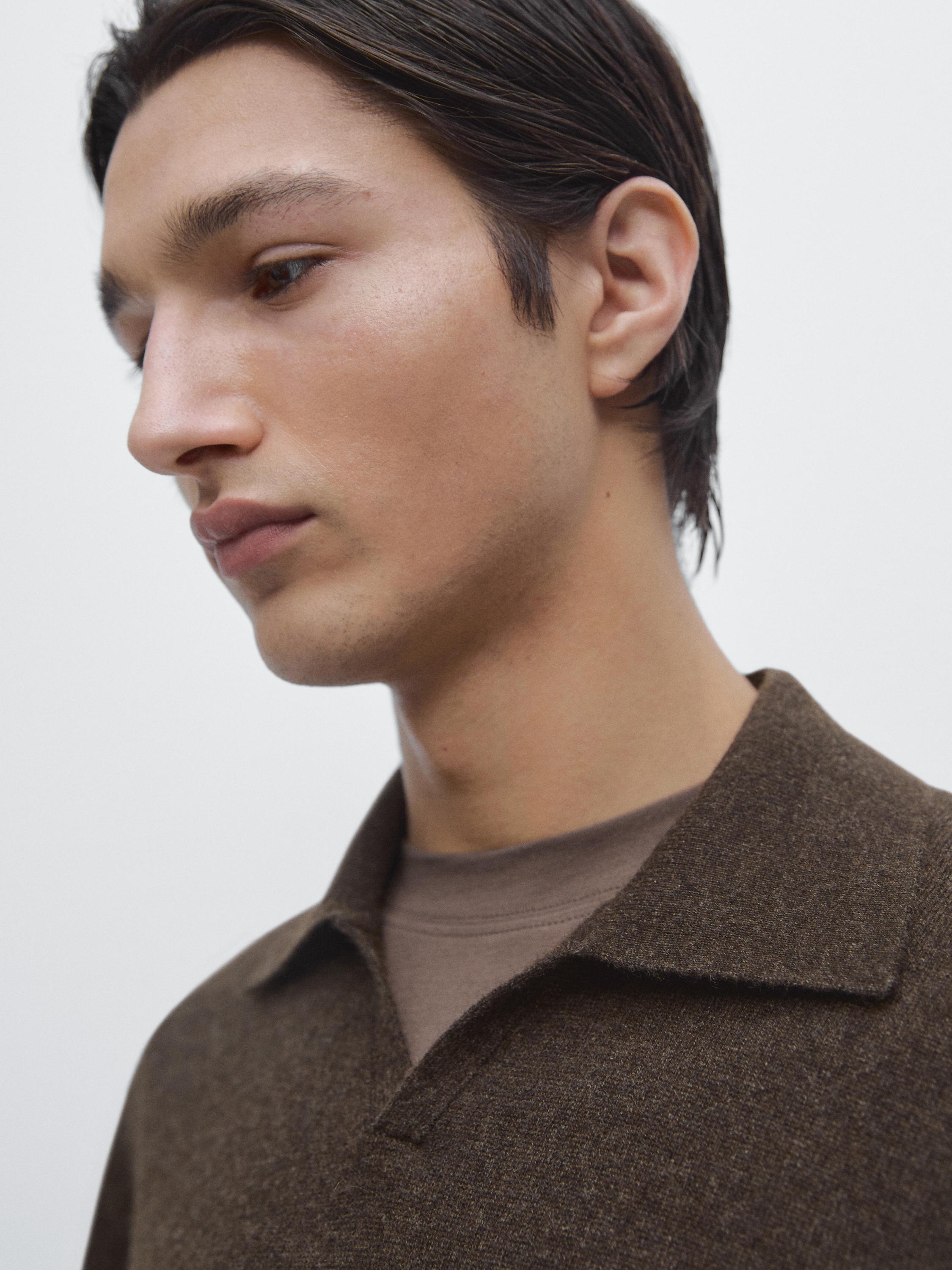 100% cashmere knit polo collar sweater — BROWN MARL