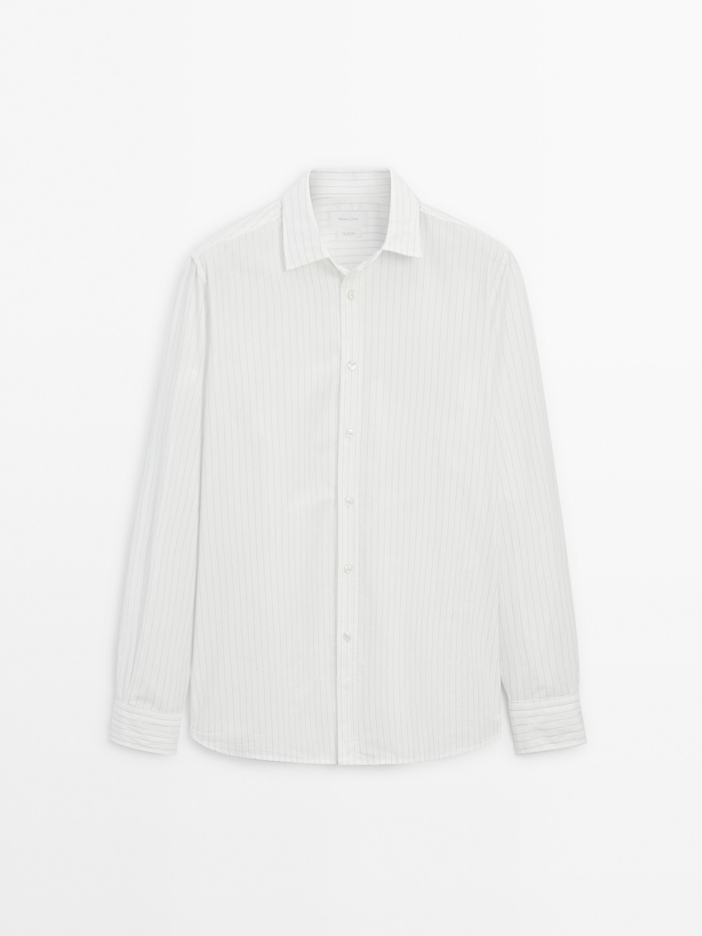 100 Cotton Striped Shirt · White Navy Blue · Shirts Massimo Dutti 8785