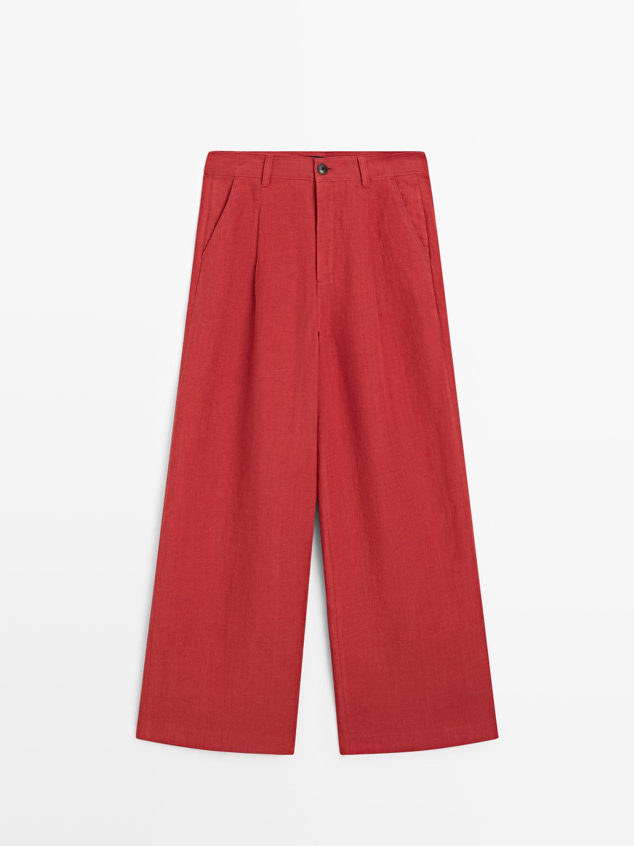 Massimo Dutti - Dames - Loose Fit Linen Trousers - Roodachtig - 40