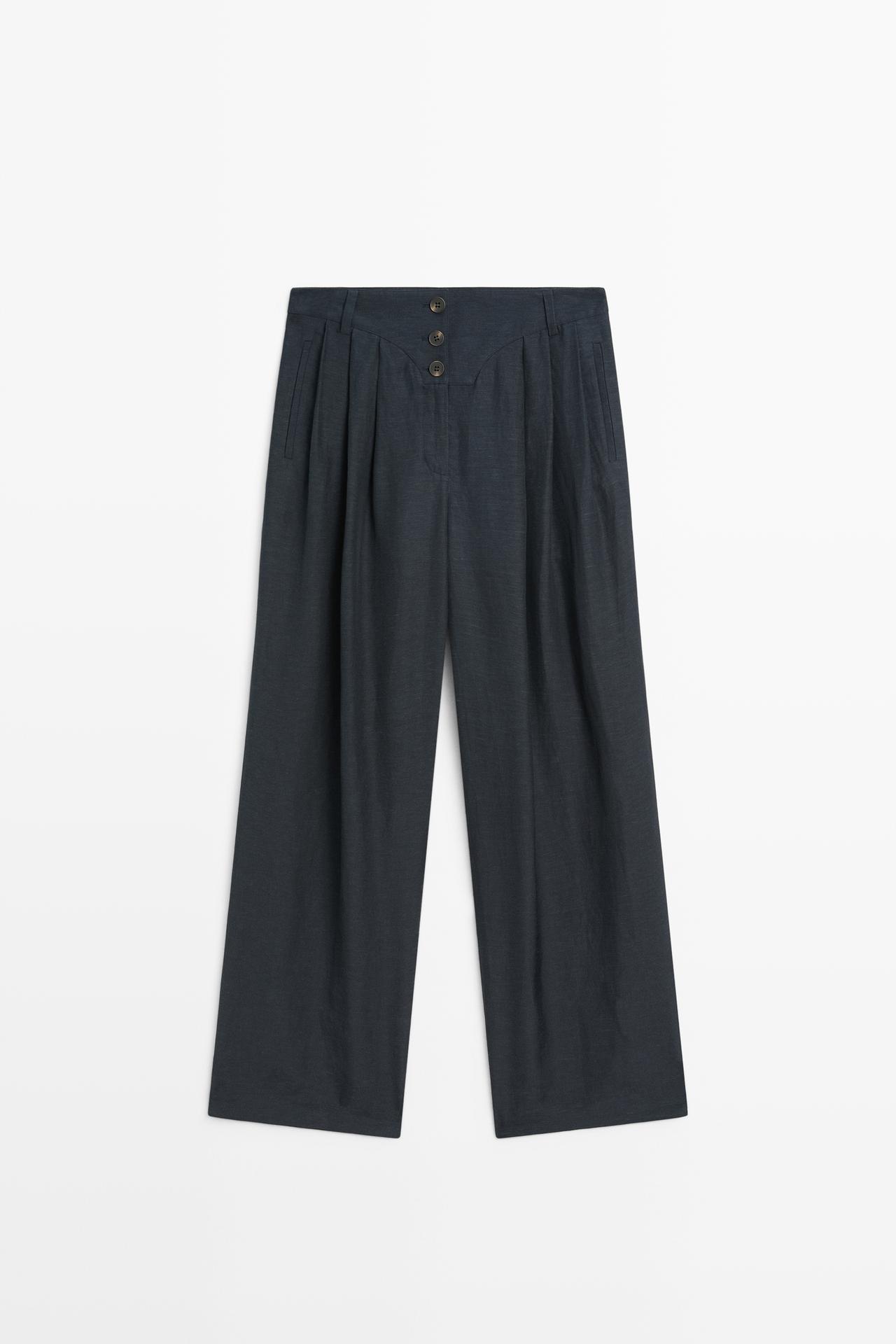 Linen-blend button-detail pants — NAVY BLUE