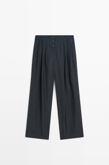Linen-blend button-detail pants — NAVY BLUE 2