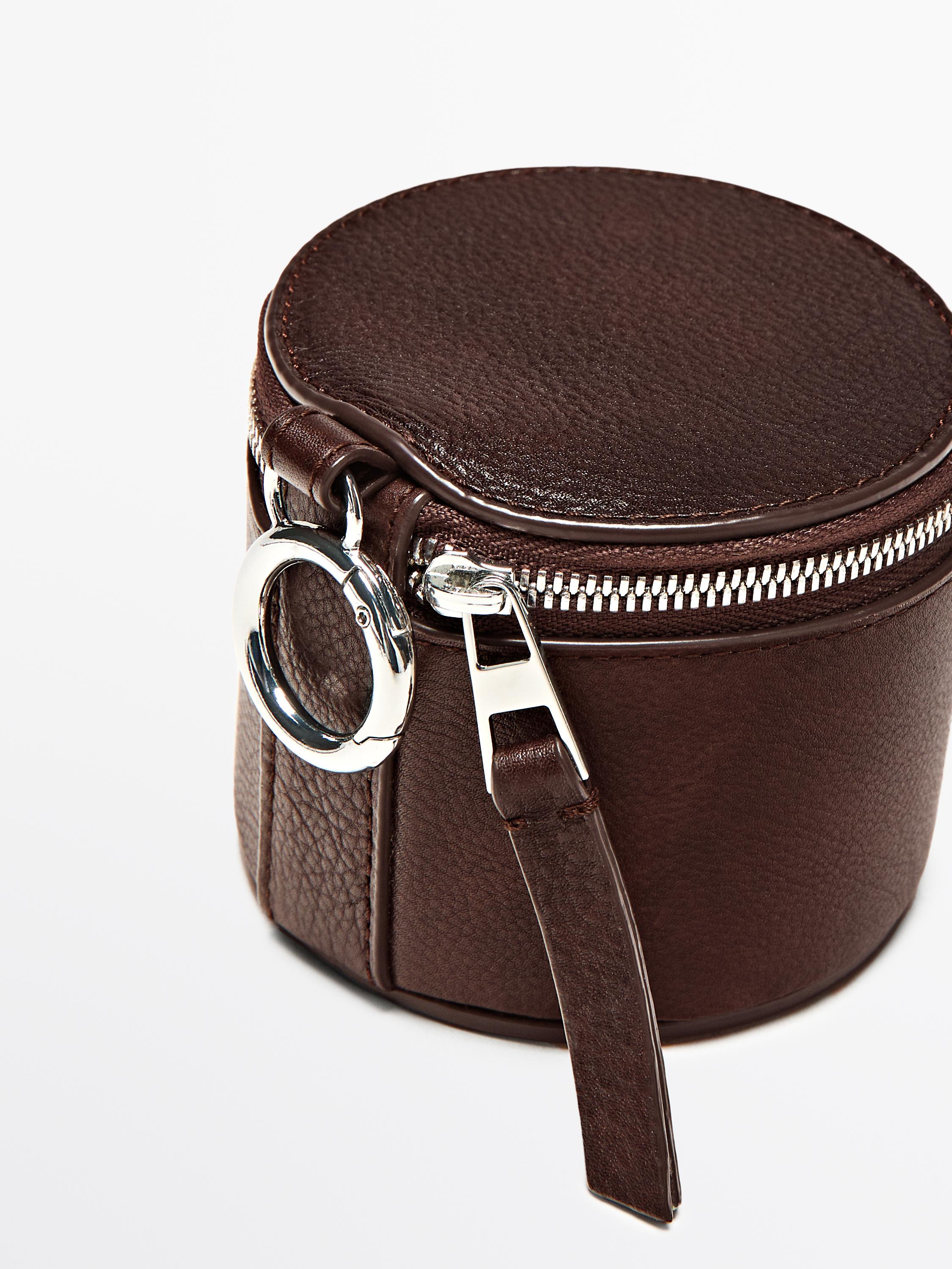 Round nappa leather bag with rhinestones — BROWN