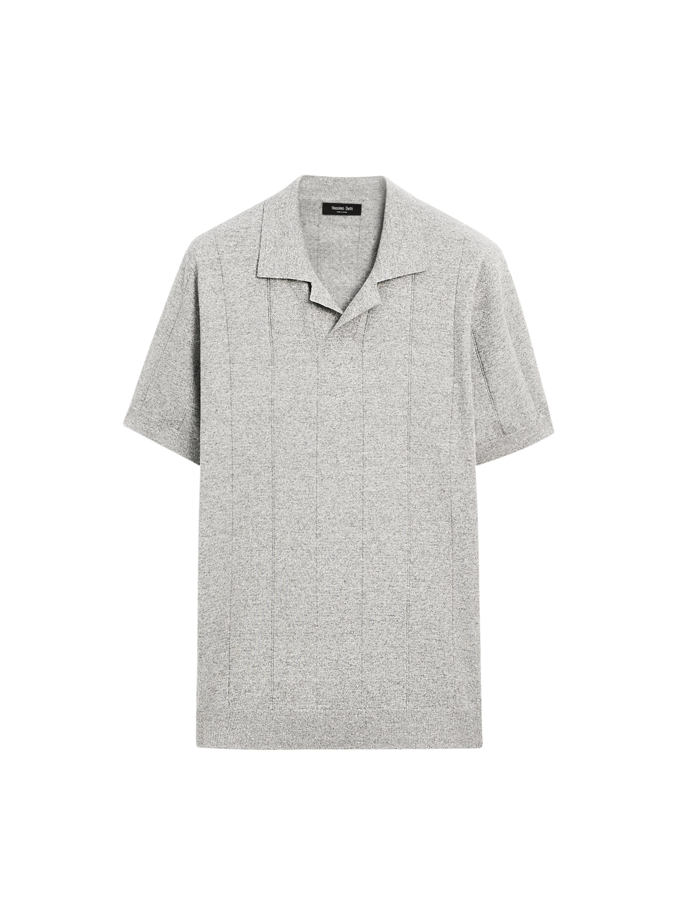 Striped knitted polo shirt with linen · Medium Blue, Grey