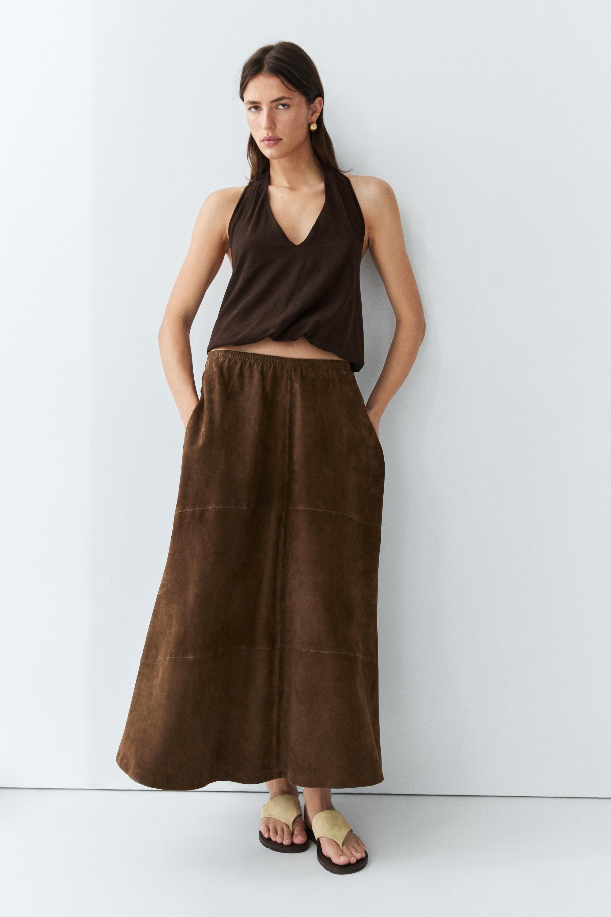 Suede leather midi skirt — BROWN