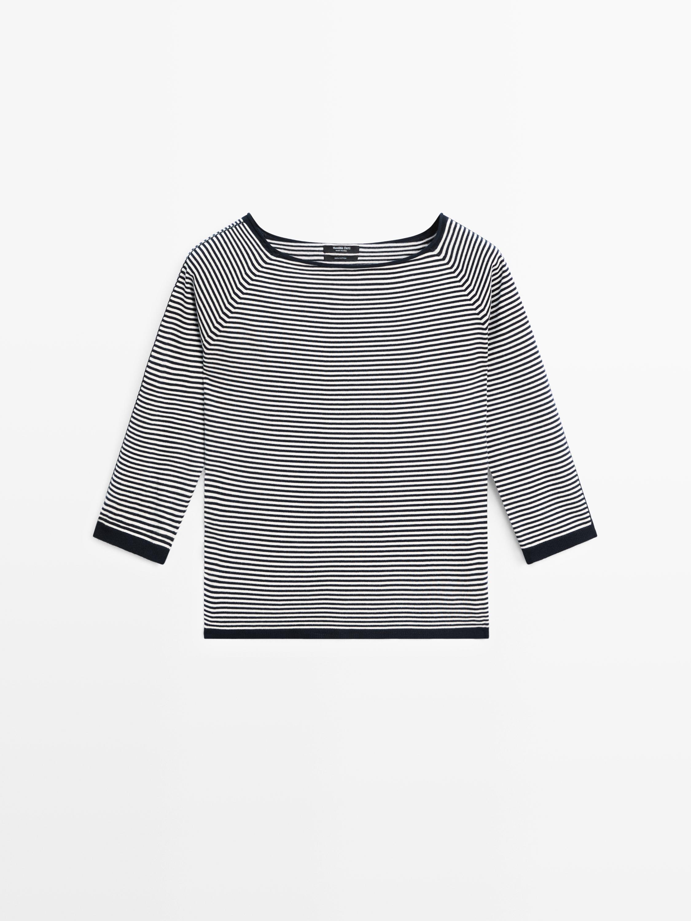 100% cotton striped knit sweater — NAVY BLUE