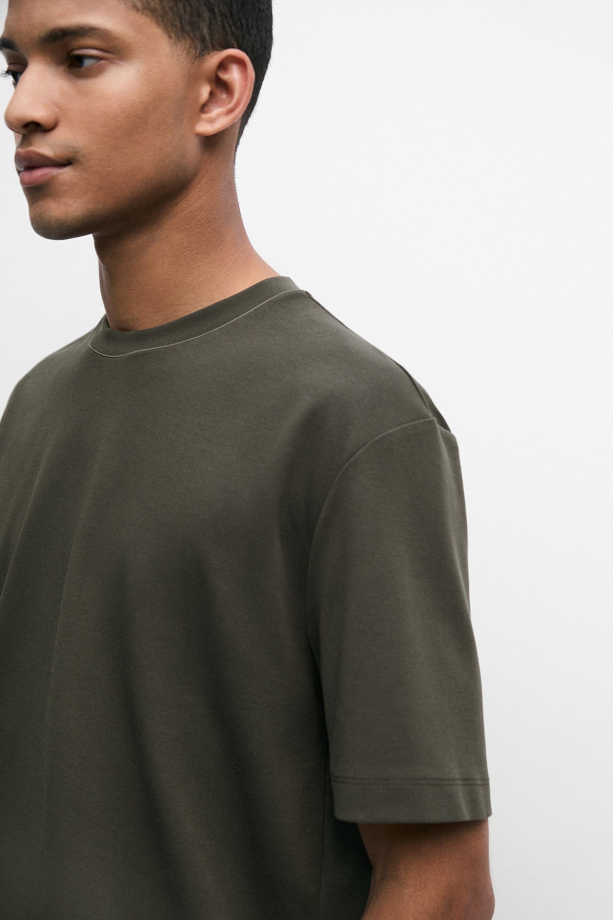 Contrast neck short sleeve T-shirt — DARK KHAKI