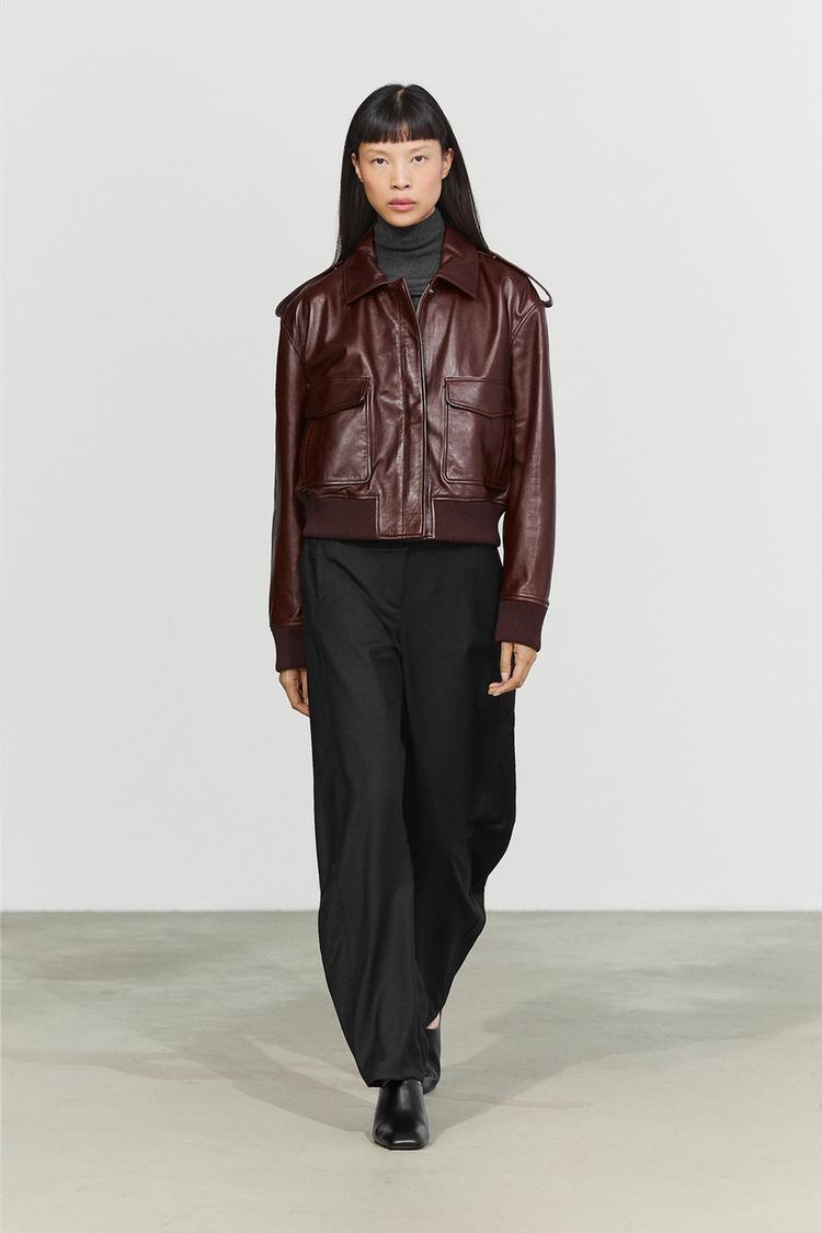 Nappa leather bomber jacket with pockets — MAROON