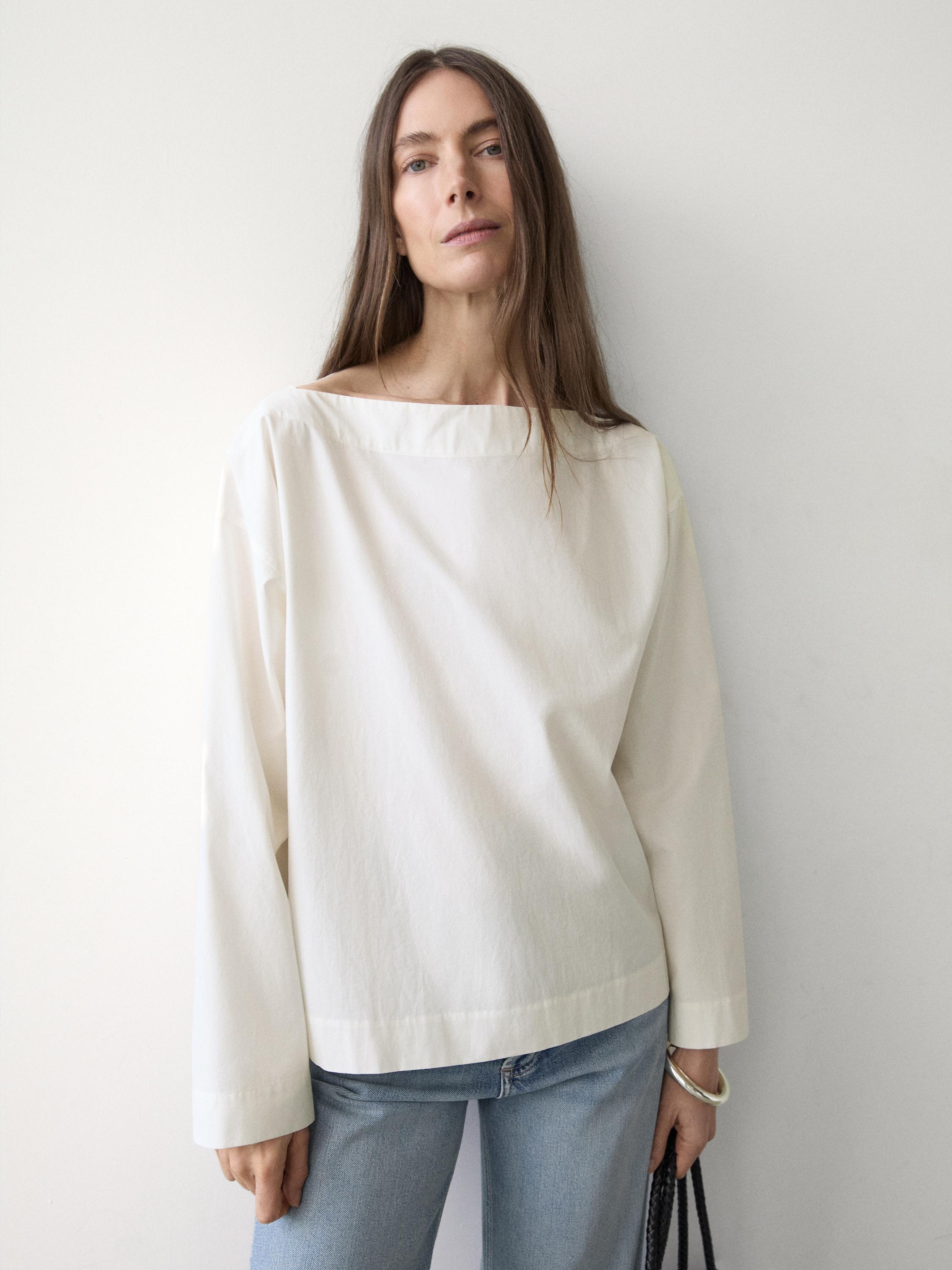 Poplin boat neck blouse — WHITE