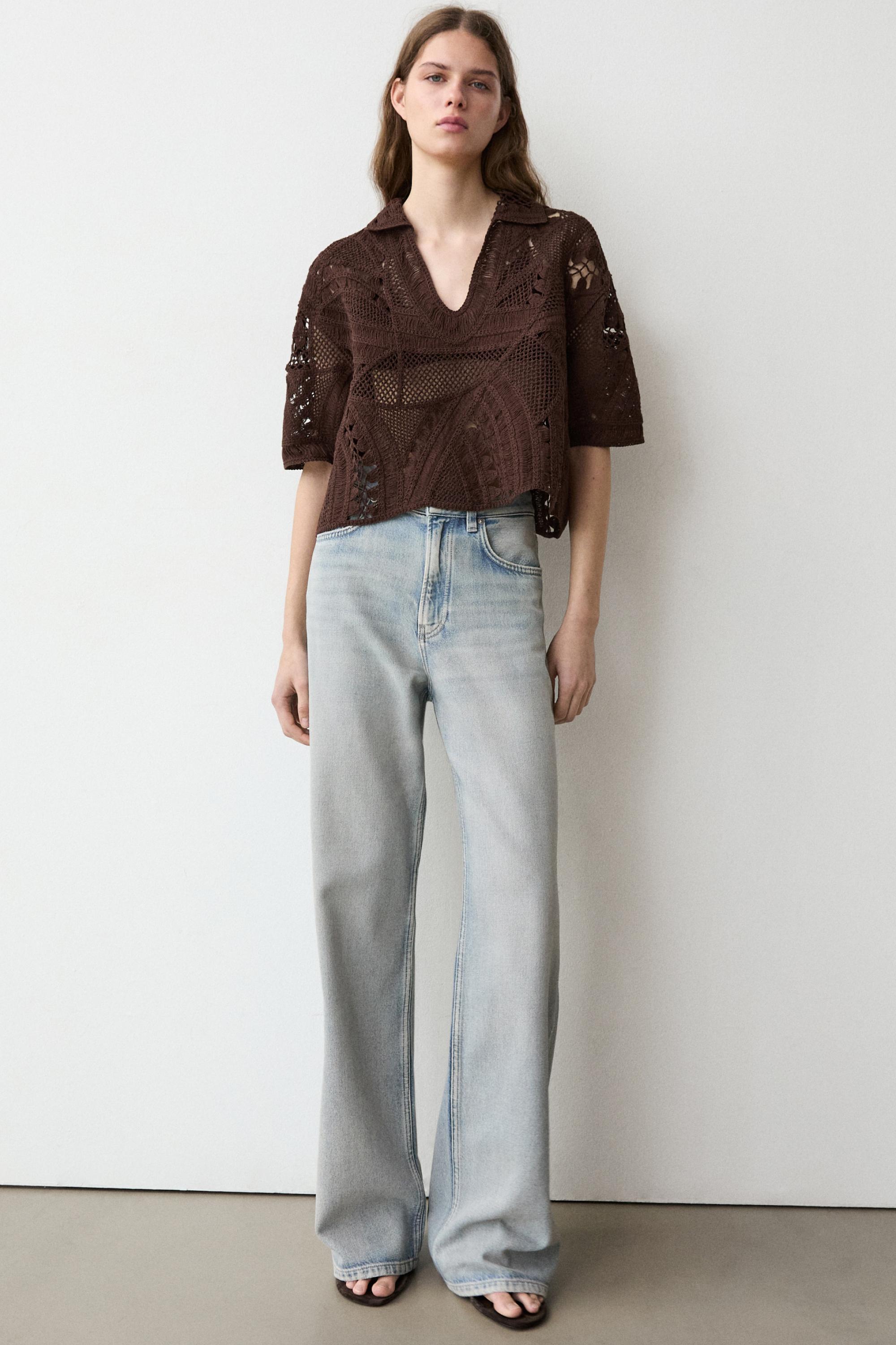 Cotton blend crochet polo T-shirt — BROWN