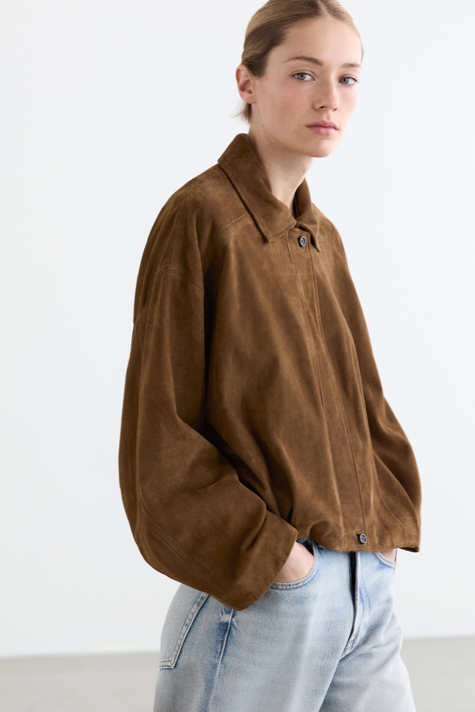 Short suede leather bomber jacket — BROWN