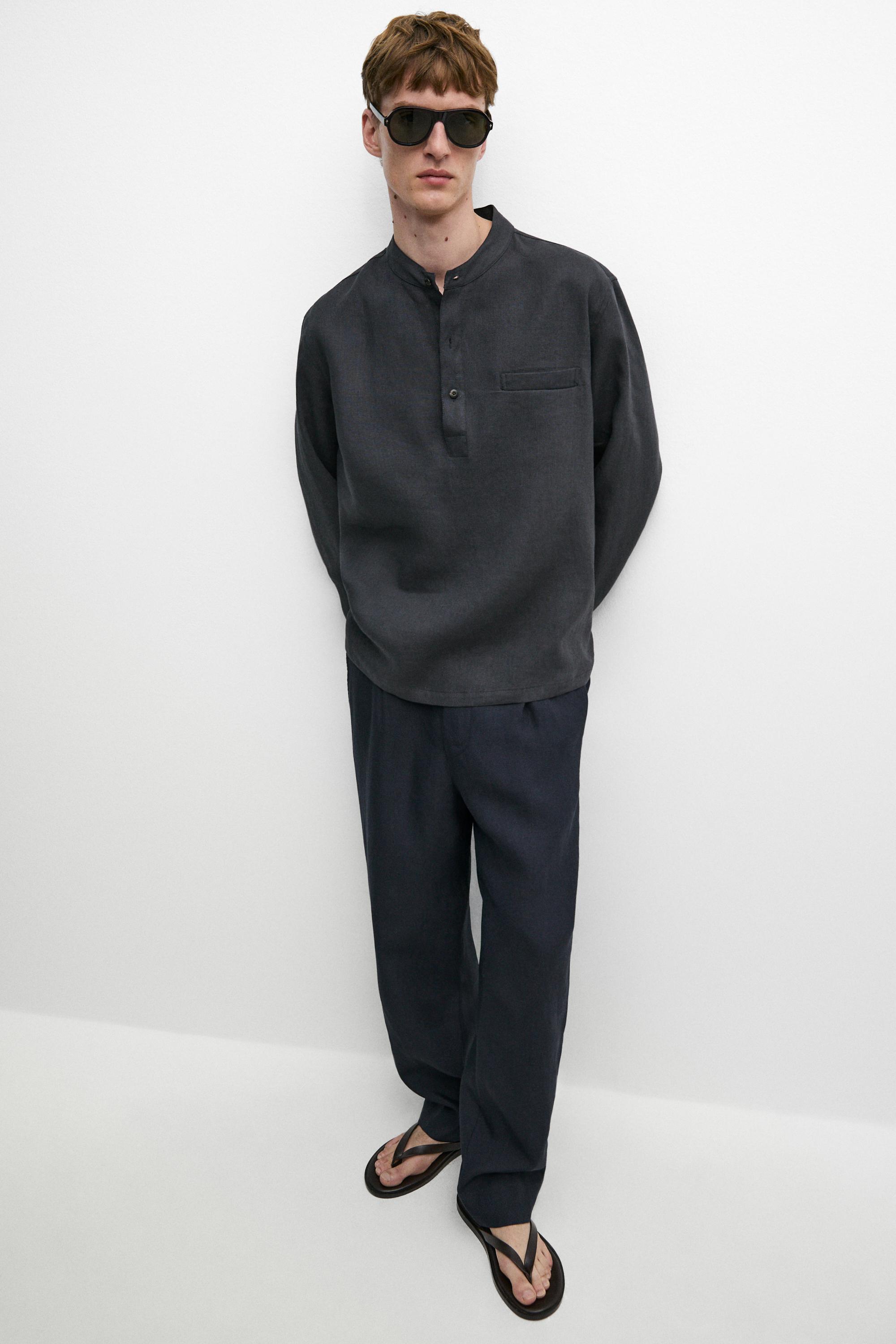 Linen button-up shirt with stand collar - LIMITED EDITION — NAVY BLUE
