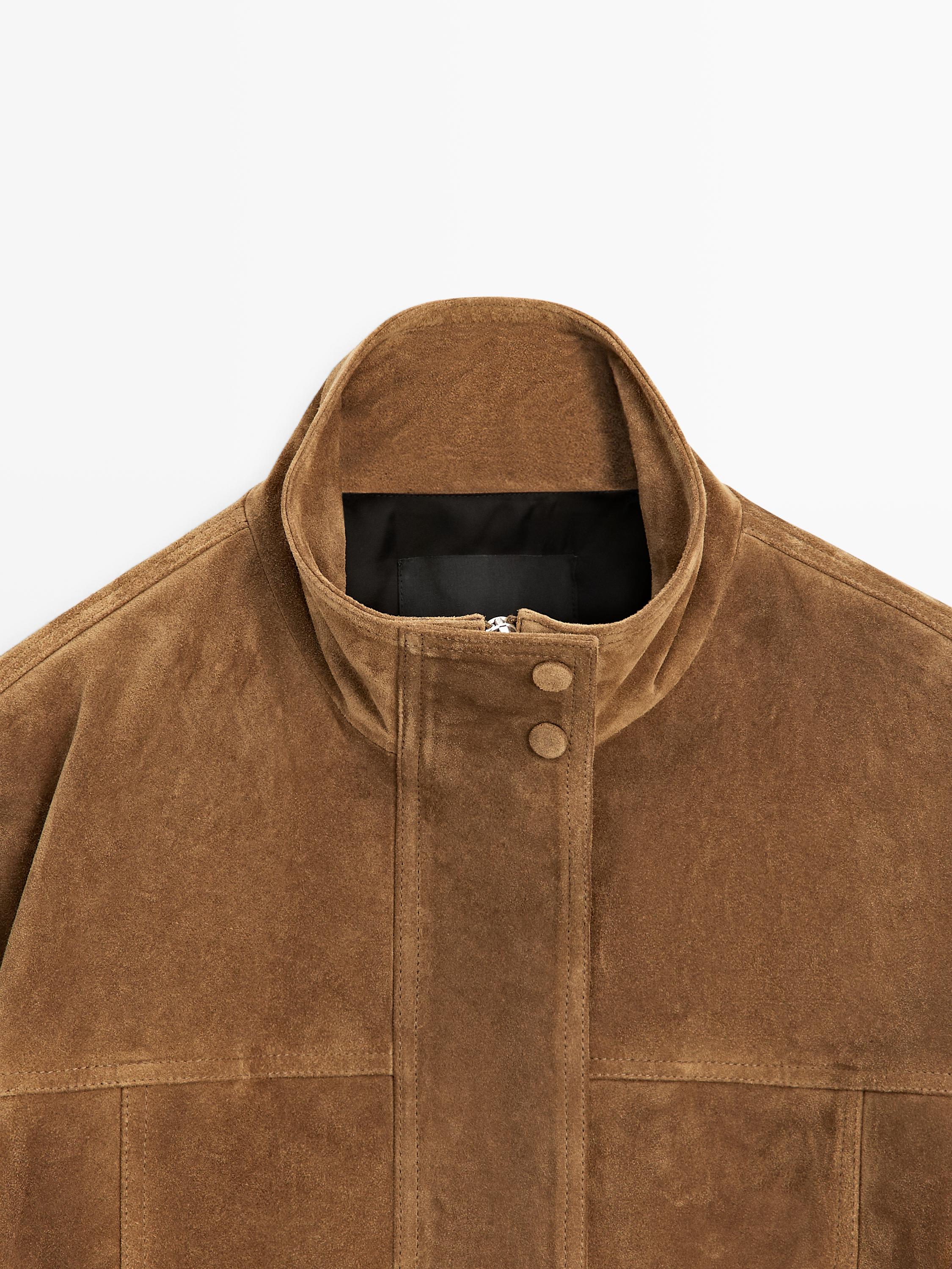 Short suede leather bomber jacket — CAMEL