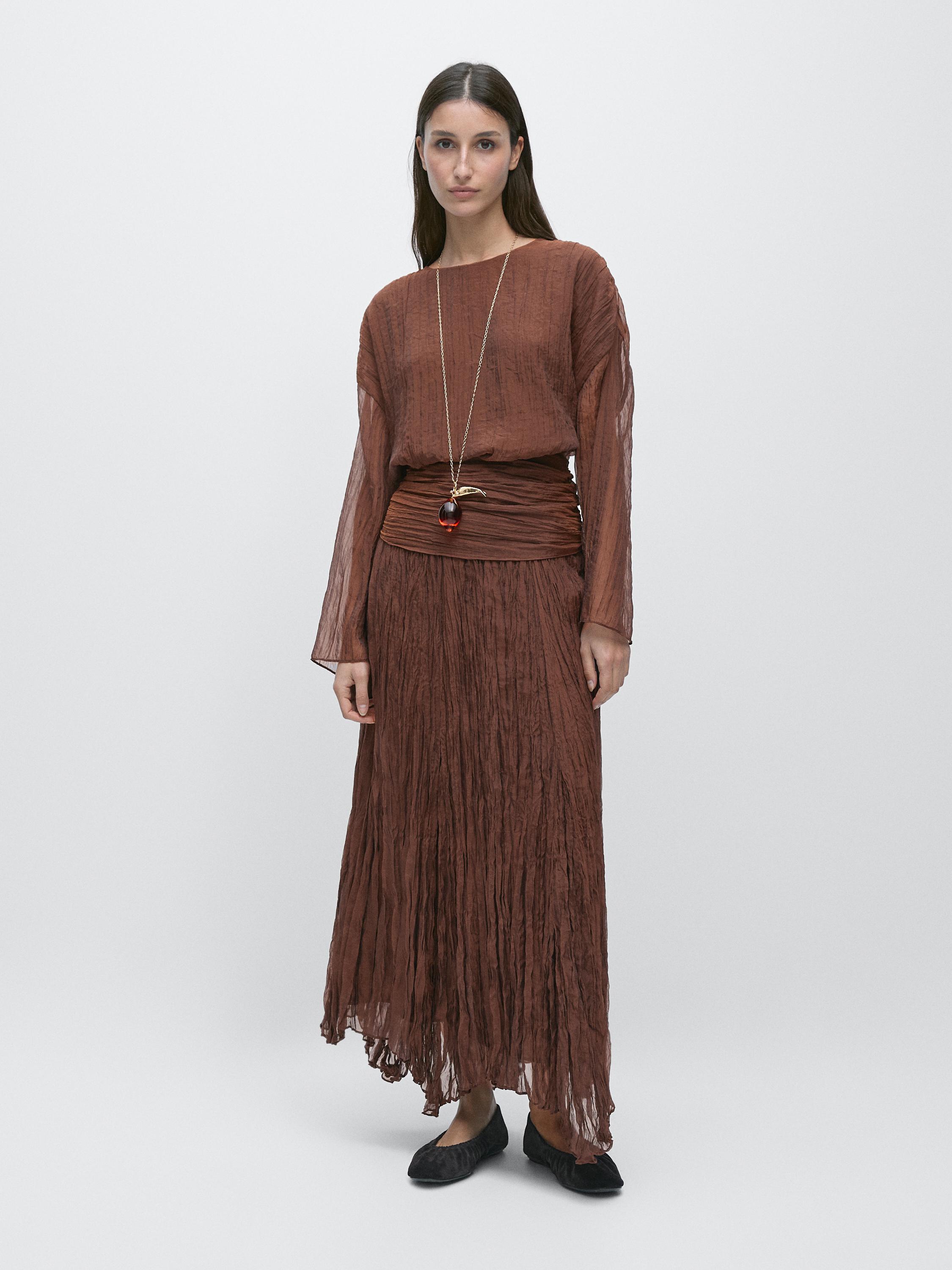 Blouse with sash belt and gathered details — Caramel