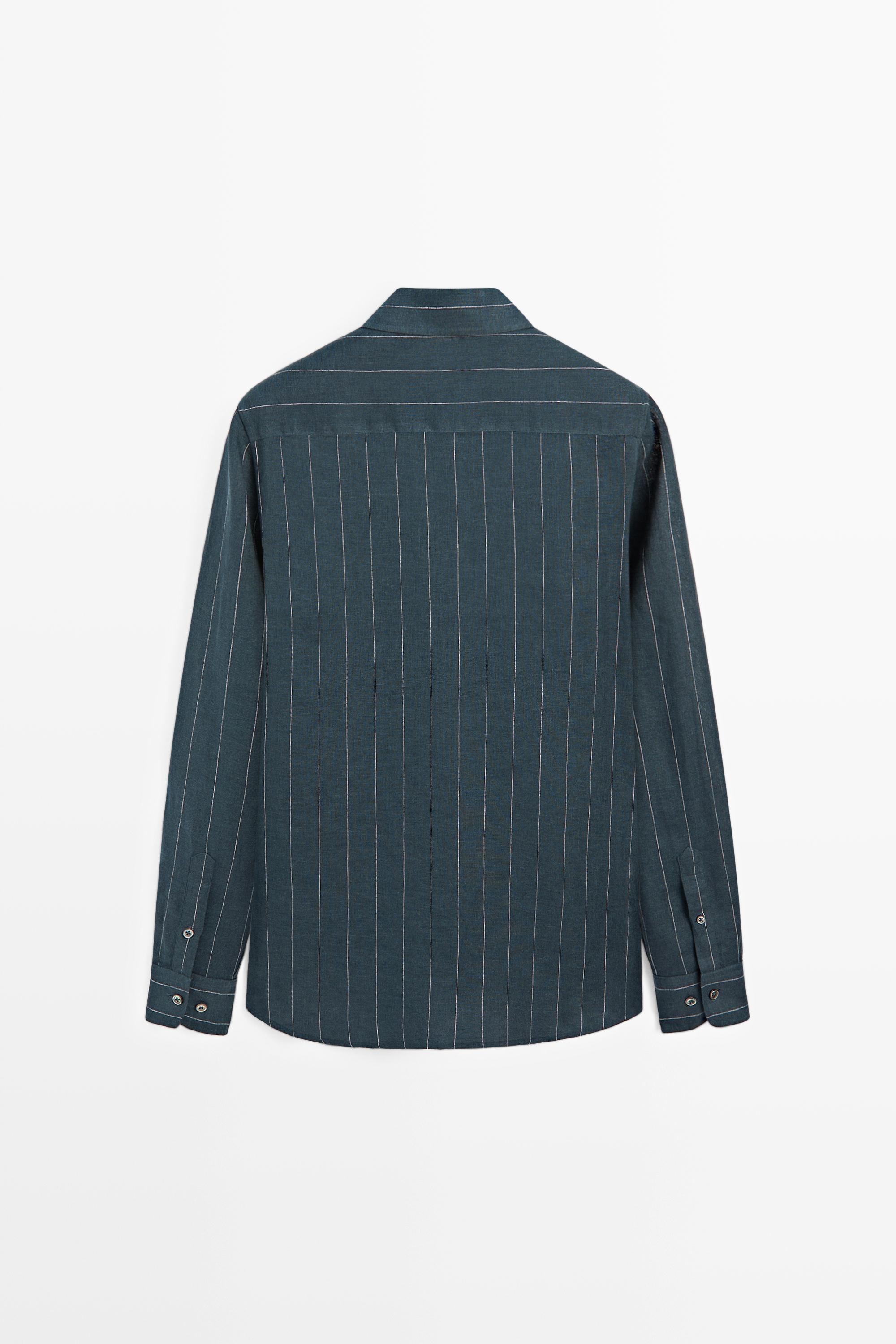 Regular fit striped 100% linen shirt — PETROL BLUE