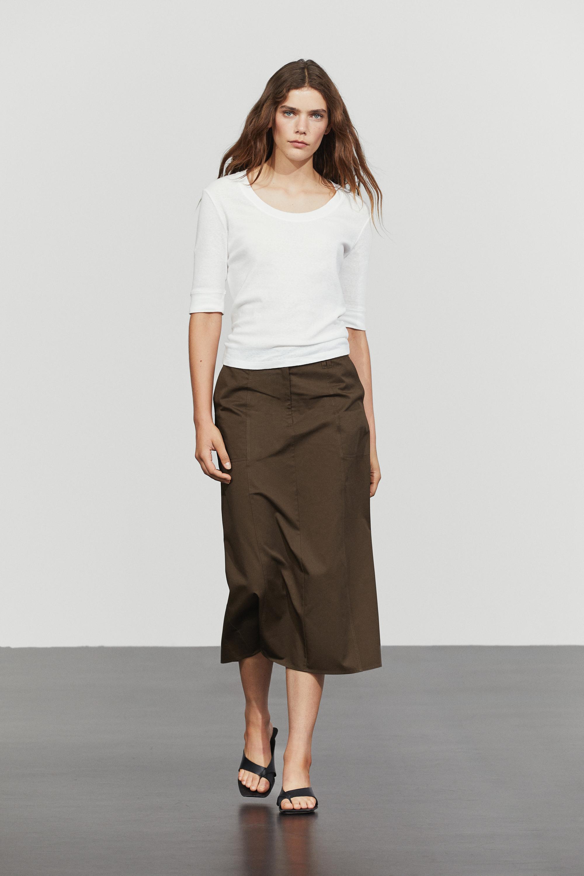 100% Cotton Midi Skirt — BROWN