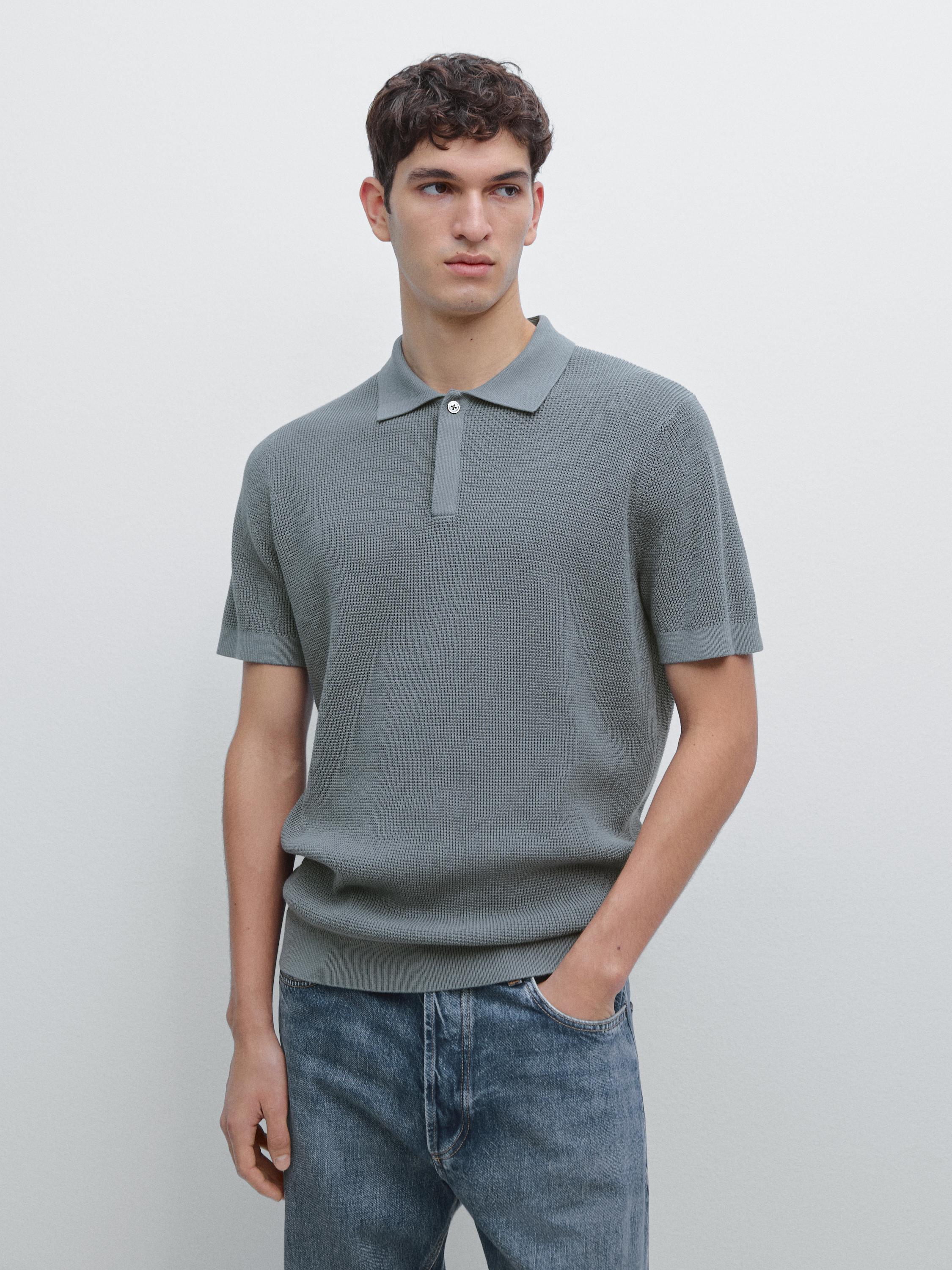 Textured cotton knit polo shirt — DEEP BLUE
