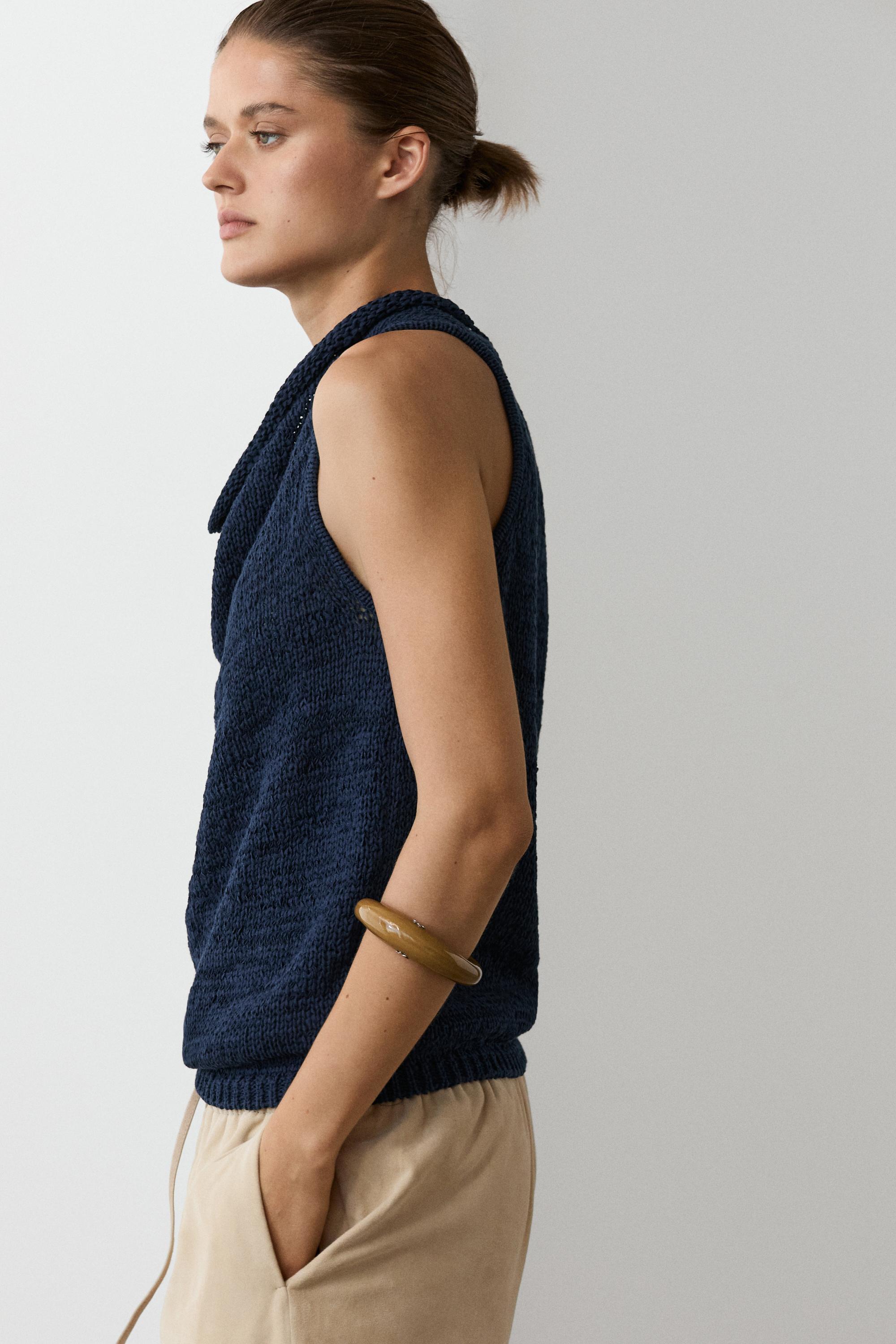 Knit top with draped neckline — Dark Blue