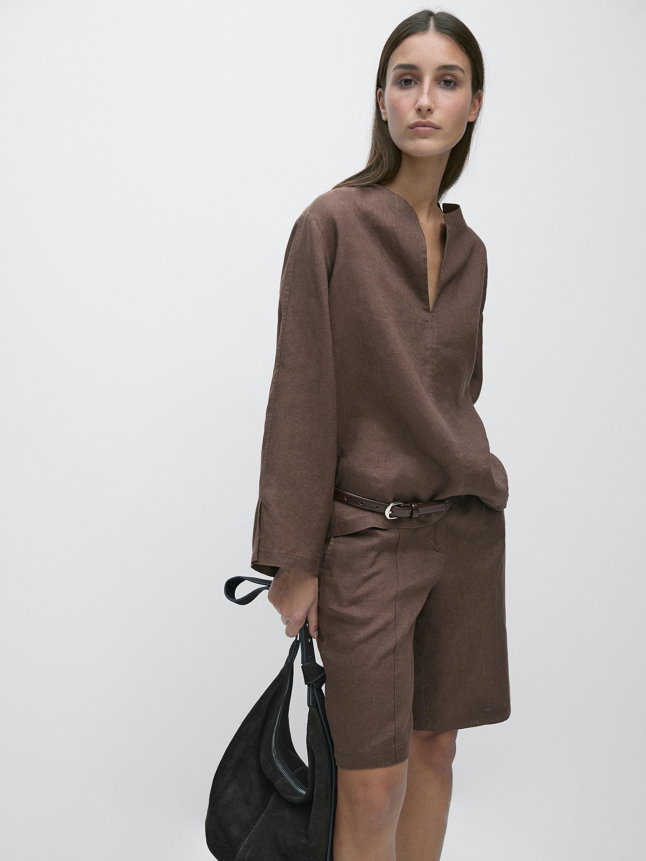 Blouse with topstitching detail, 100% linen