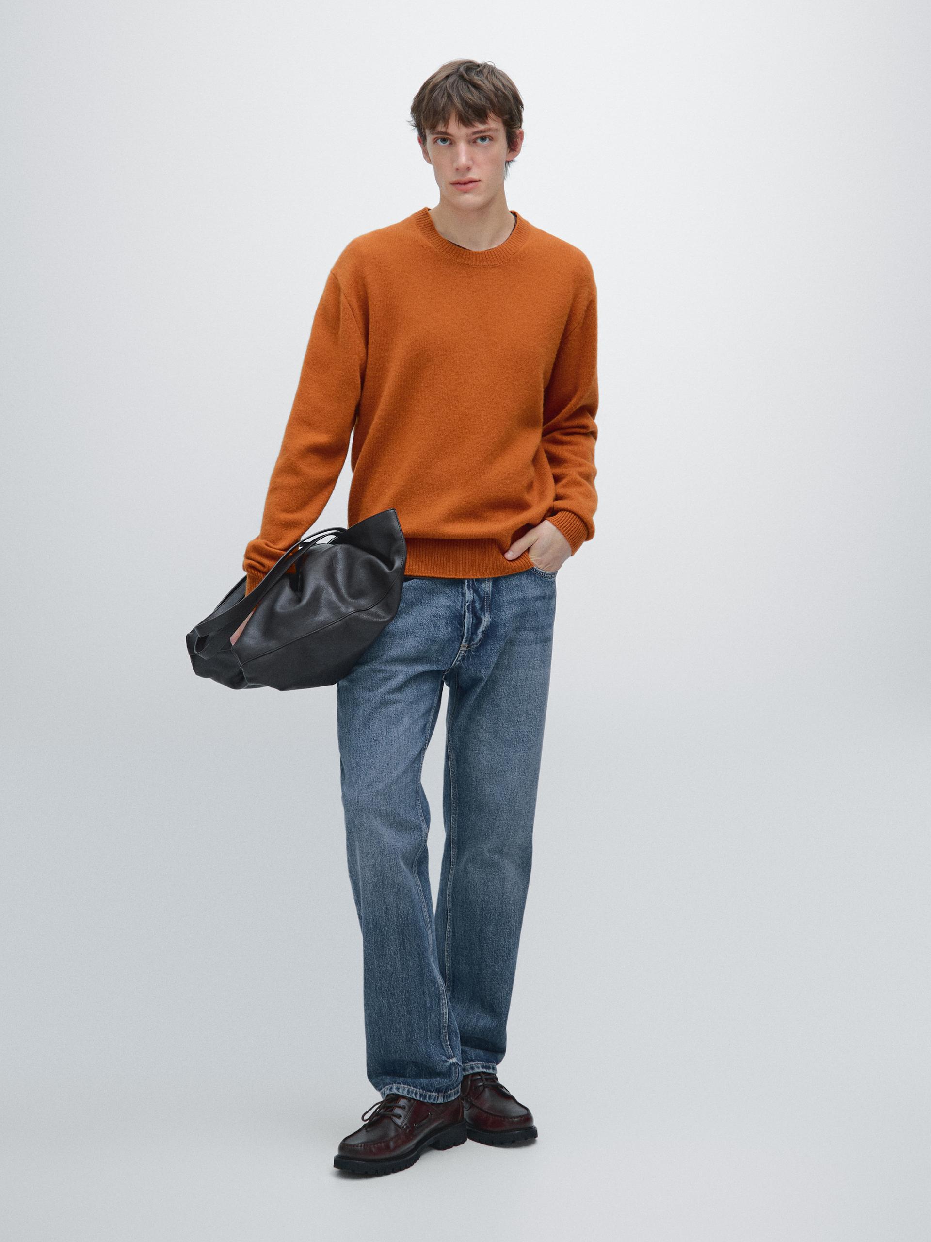 Sweter Z Mieszanki Wełny Z Okrągłym Dekoltem - Żółty Musztardowy - S - Massimo Dutti - Mężczyzna