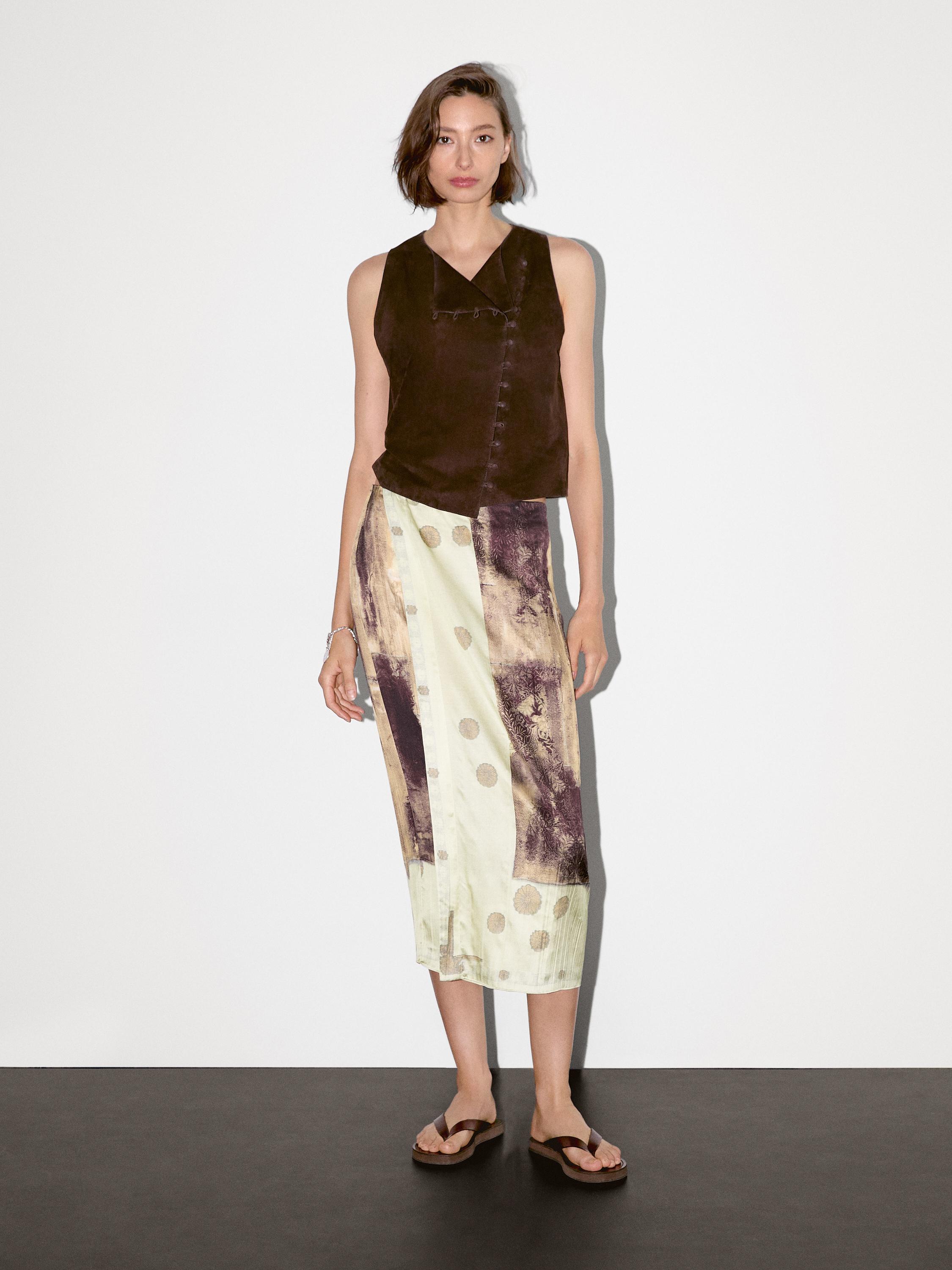 Printed satin midi skirt
