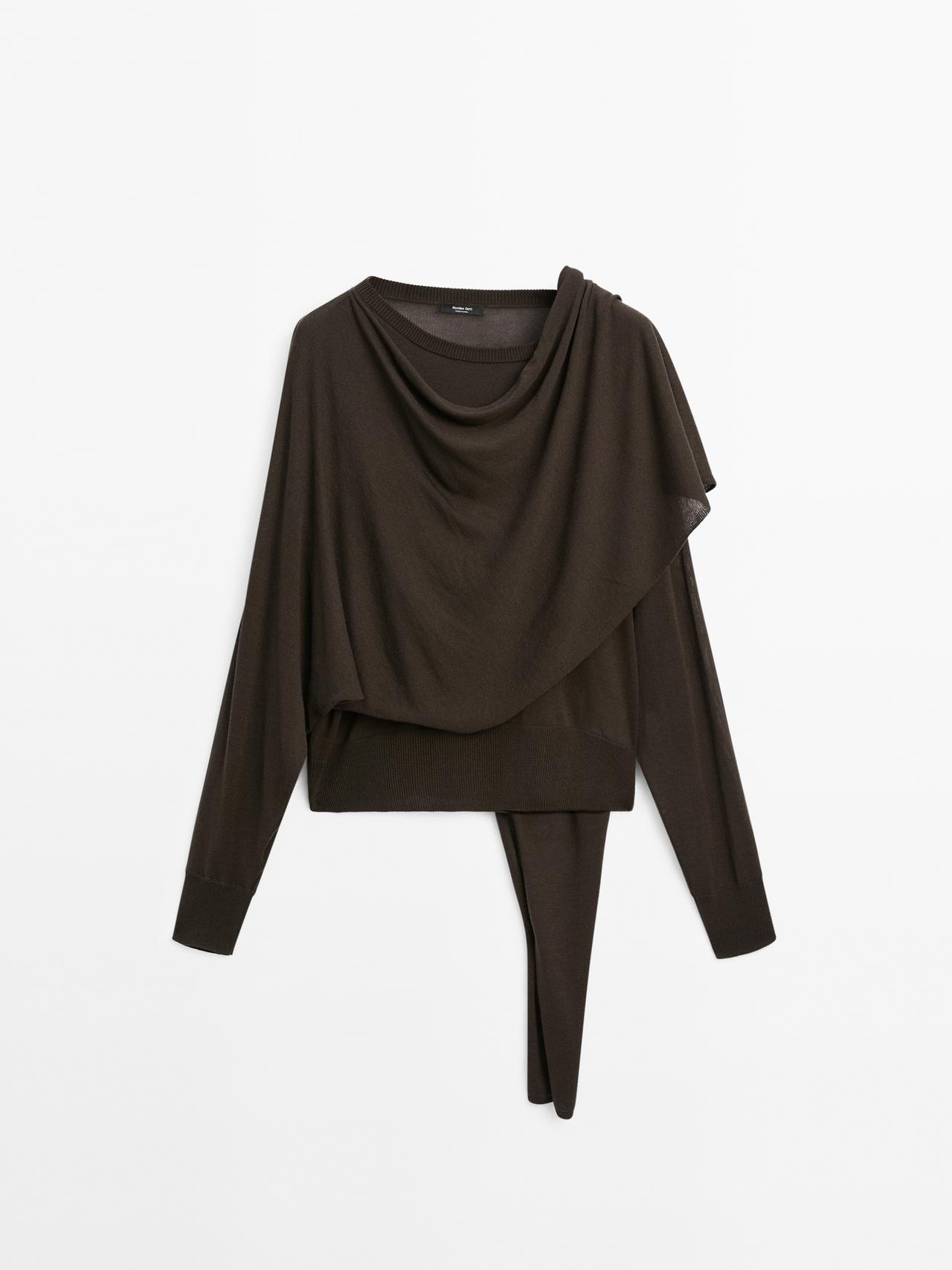 Massimo Dutti - Dame - Strikket Trøje Med Tørklædedetalje - Brun - L