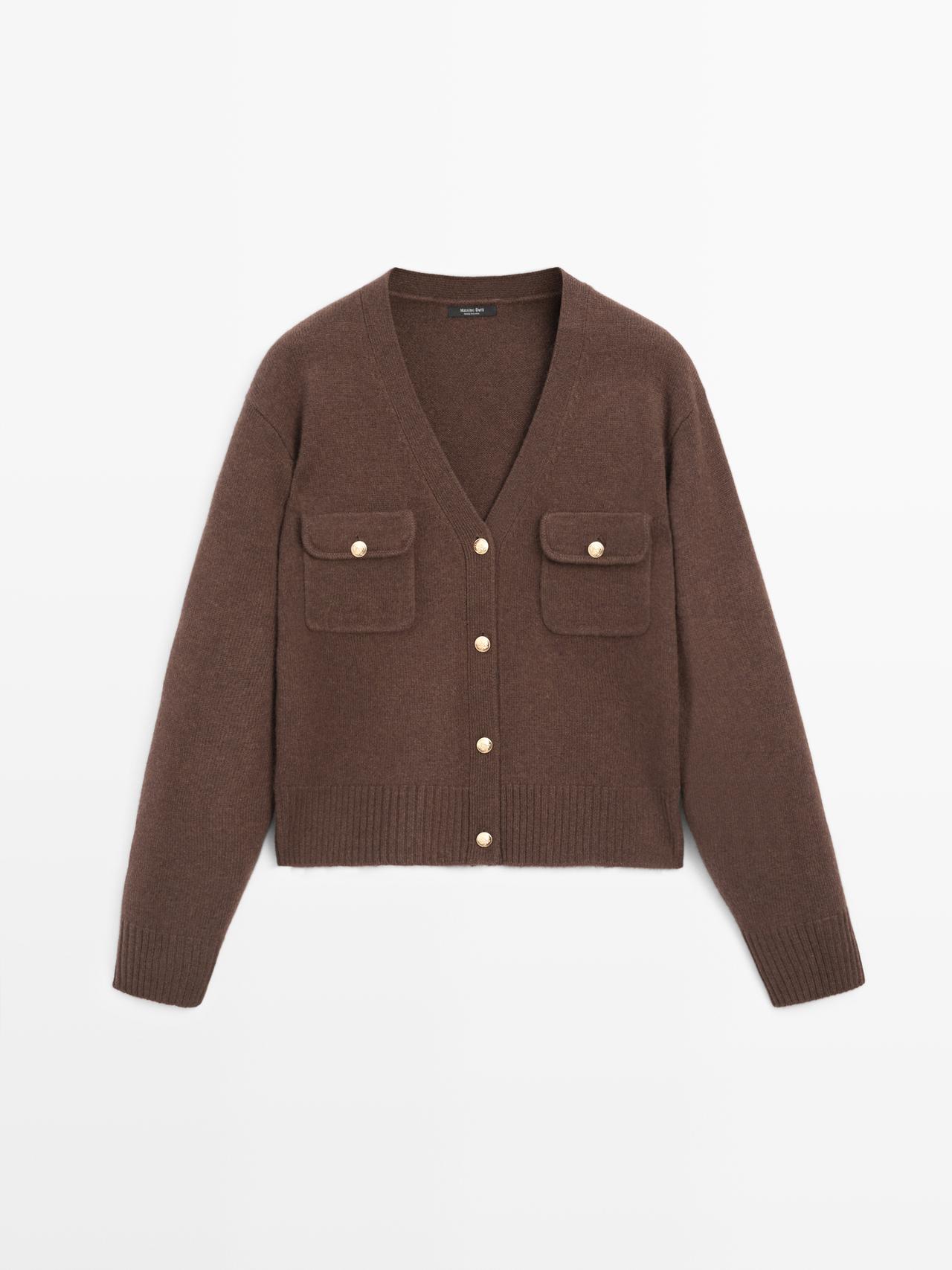 Massimo Dutti - Dame - Strikket Cardigan Med V-Udskæring Og Guldknapper - Brun - M