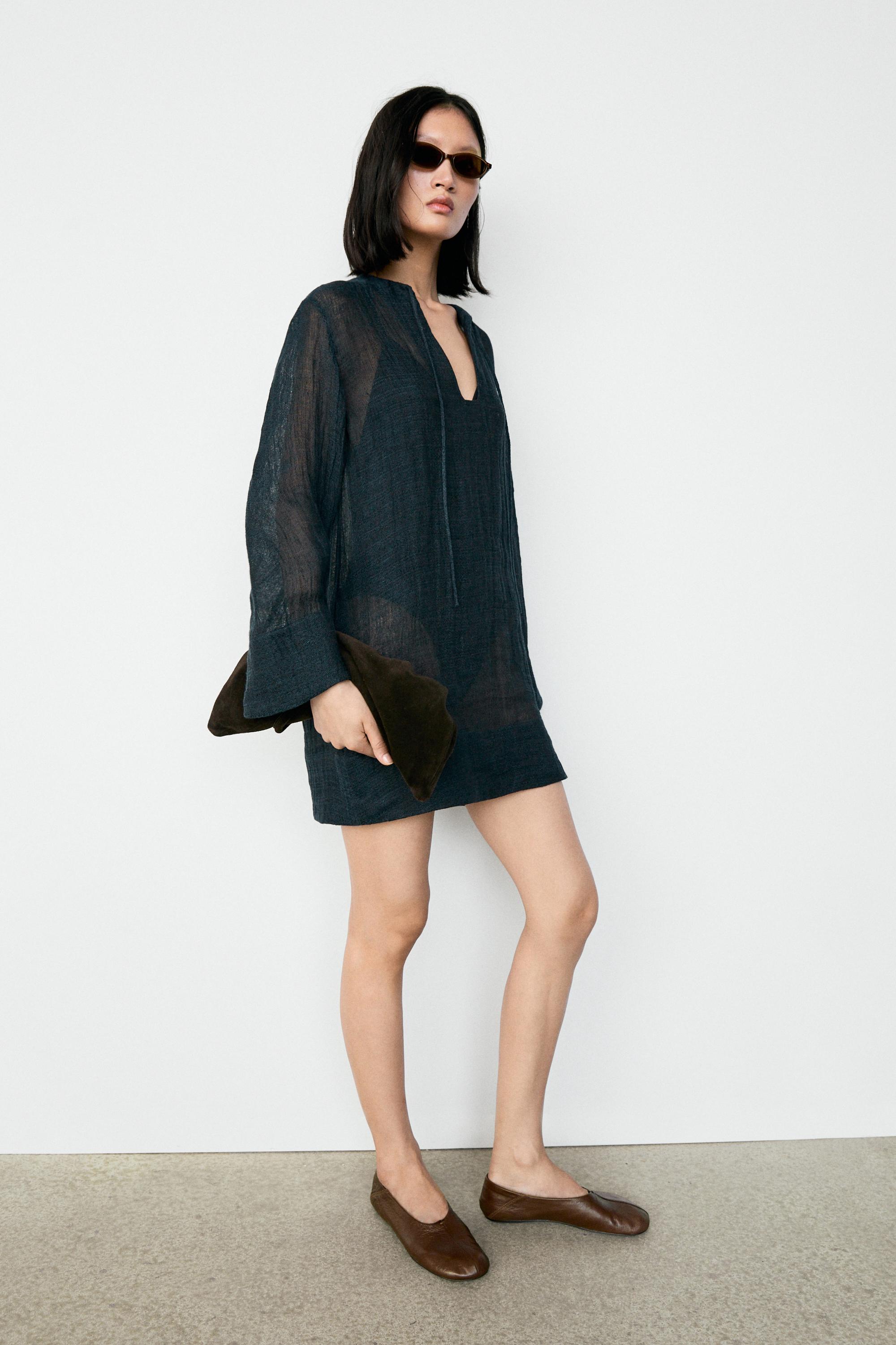100% linen flowy mini dress — BLUE