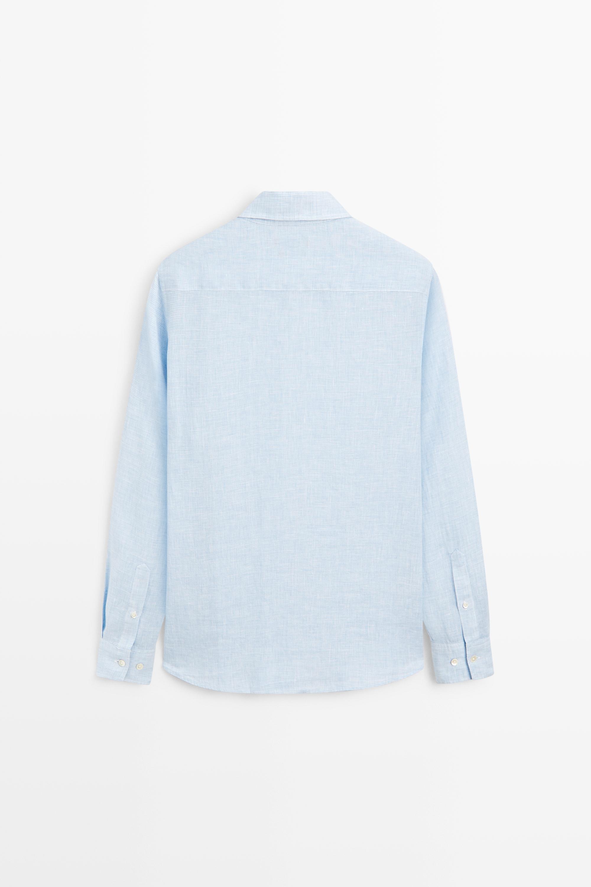 100% linen regular fit check shirt — Sky blue