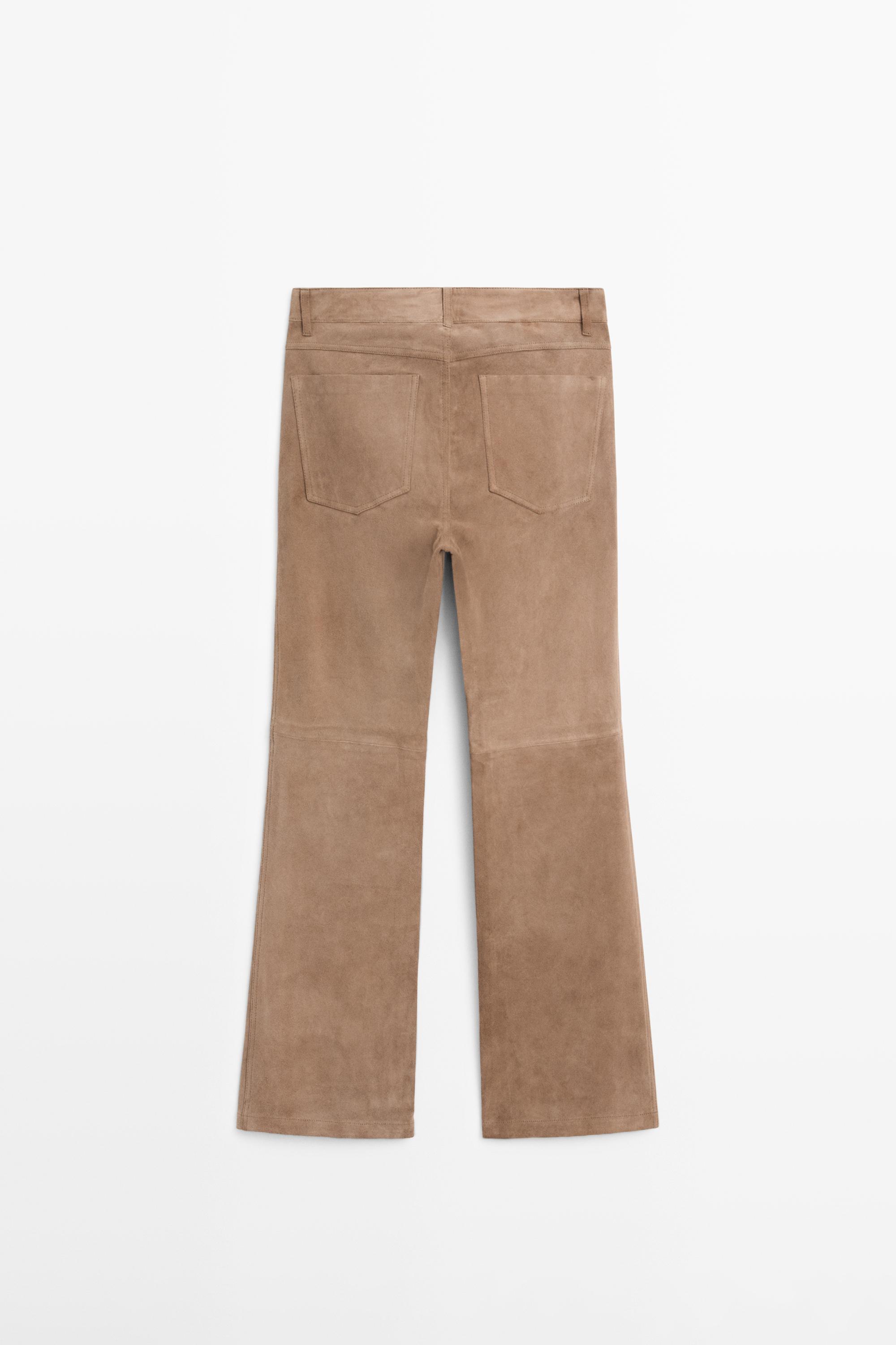 Cropped suede leather flare fit leggings — MOLE BROWN