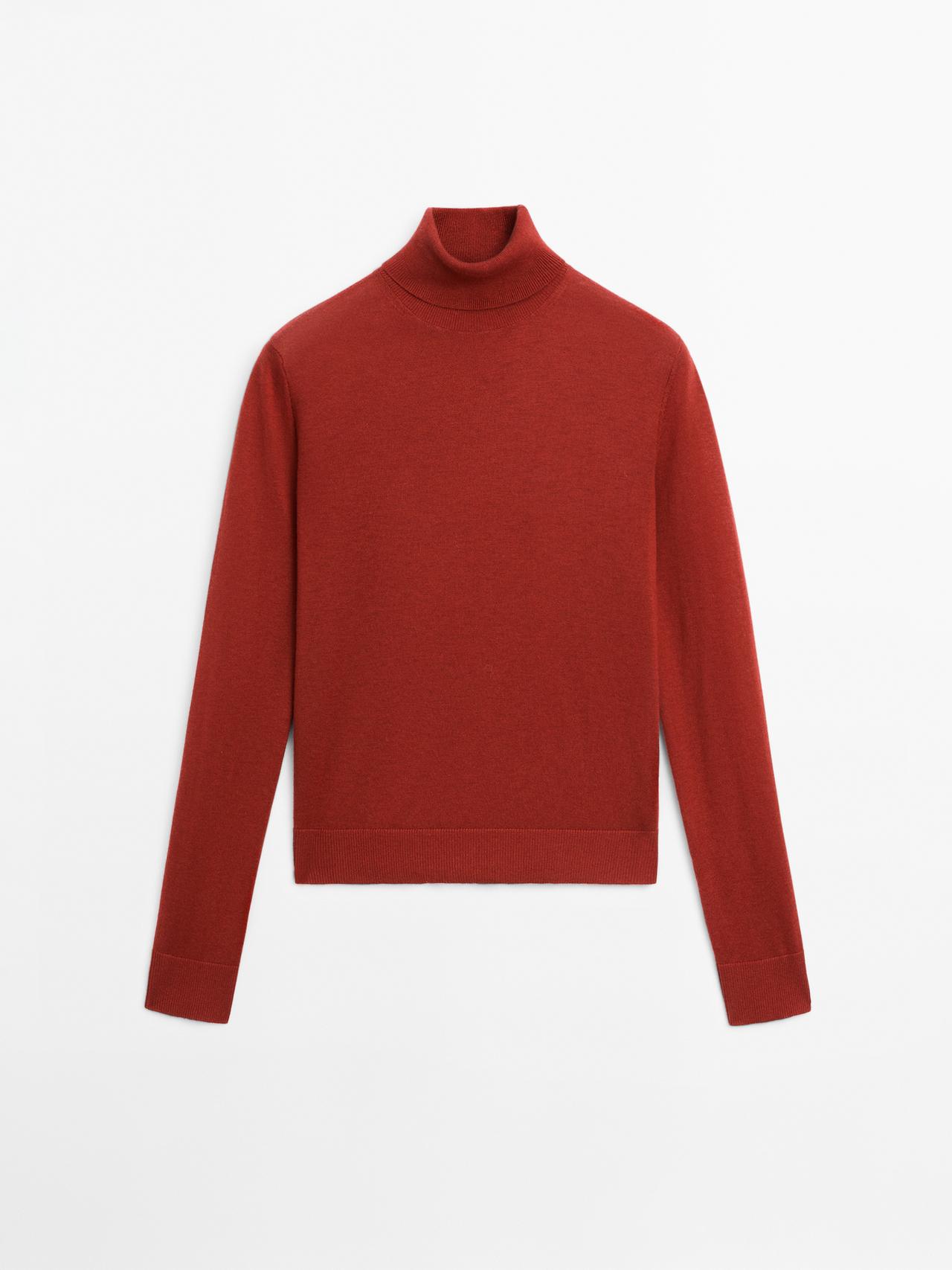 Massimo Dutti - Dames - High-Neck Knitted Jumper With Wool - Donkerrood - Xl
