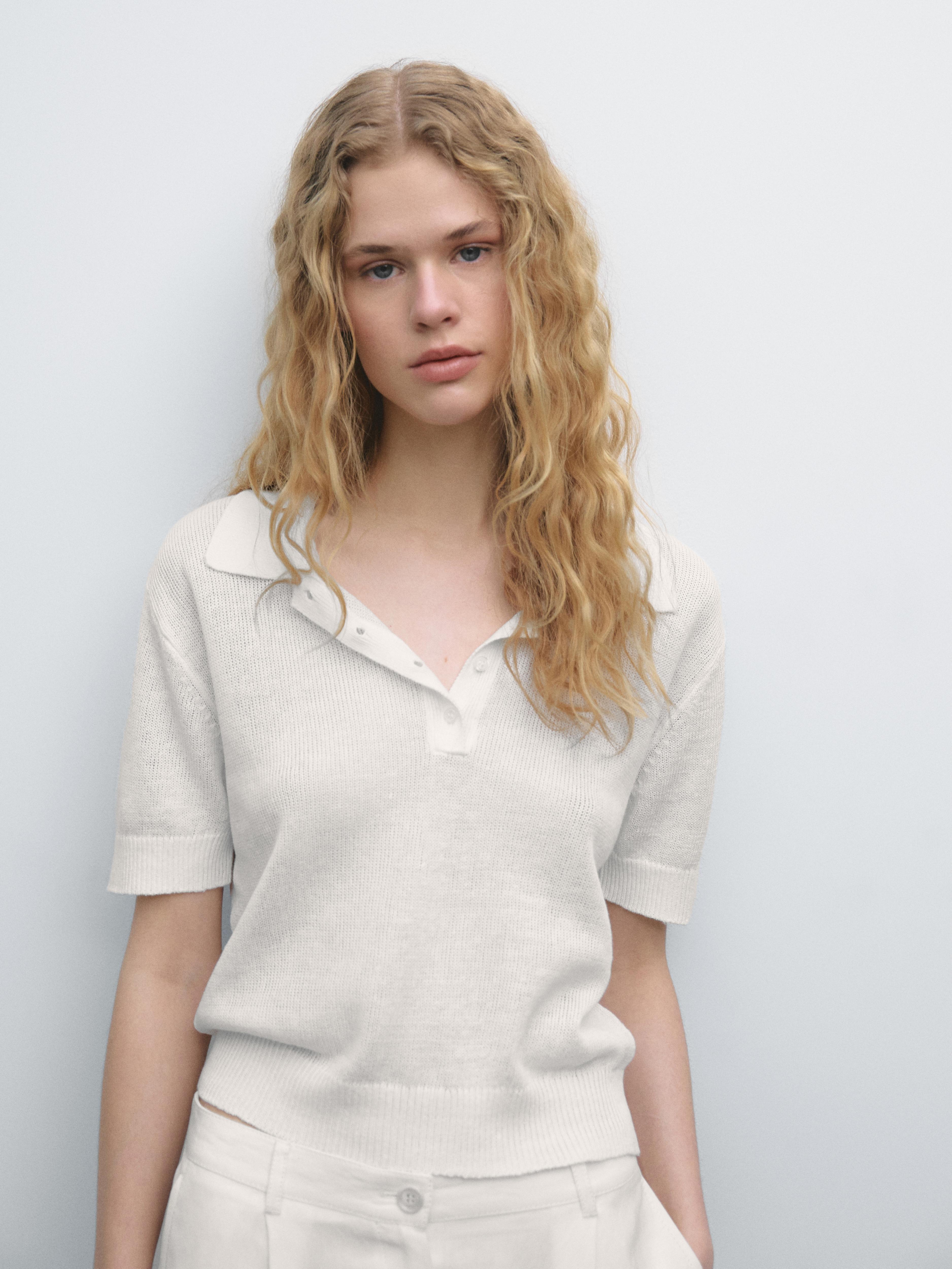 Linen blend cutwork polo sweater